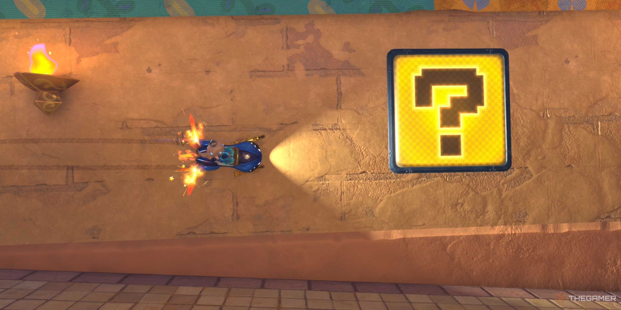 Aurora Rosalina riding on the wall to collect a Panel in Mario Kart World's Free Roam mode.