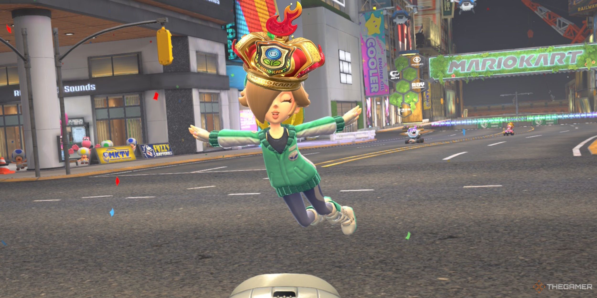 Touring Rosalina celebrating a Knockout Tour win, wearing the Ice Rally crown trophy on her head in Mario Kart World.