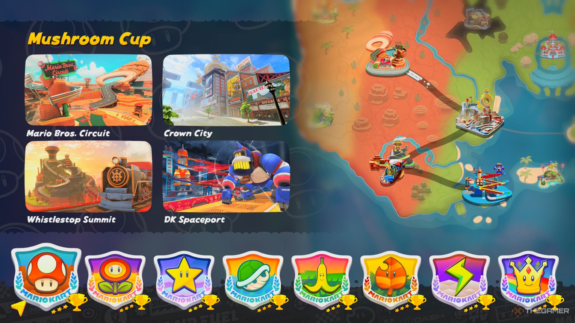 A screenshot showcasing all eight Grand Prix cups being completed with 3-Stars at 150cc in Mario Kart World.