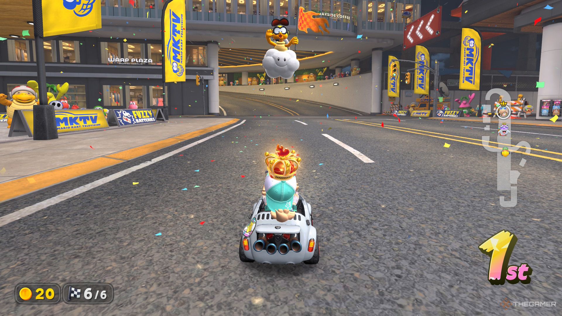 Touring Rosalina in first place on the final course in Knockout Tour, with a crown on her head, indicating her placement in Mario Kart World.
