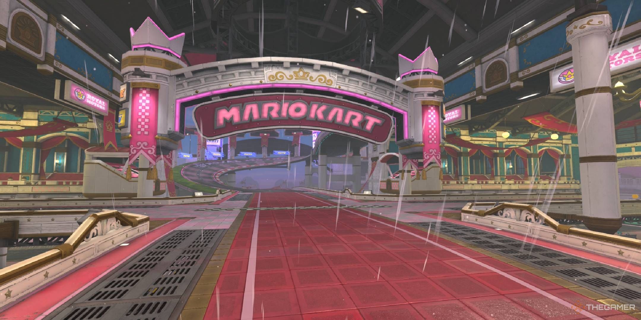Mario Kart World Peach Stadium starting line raining indoors with red and pink regal decorations.