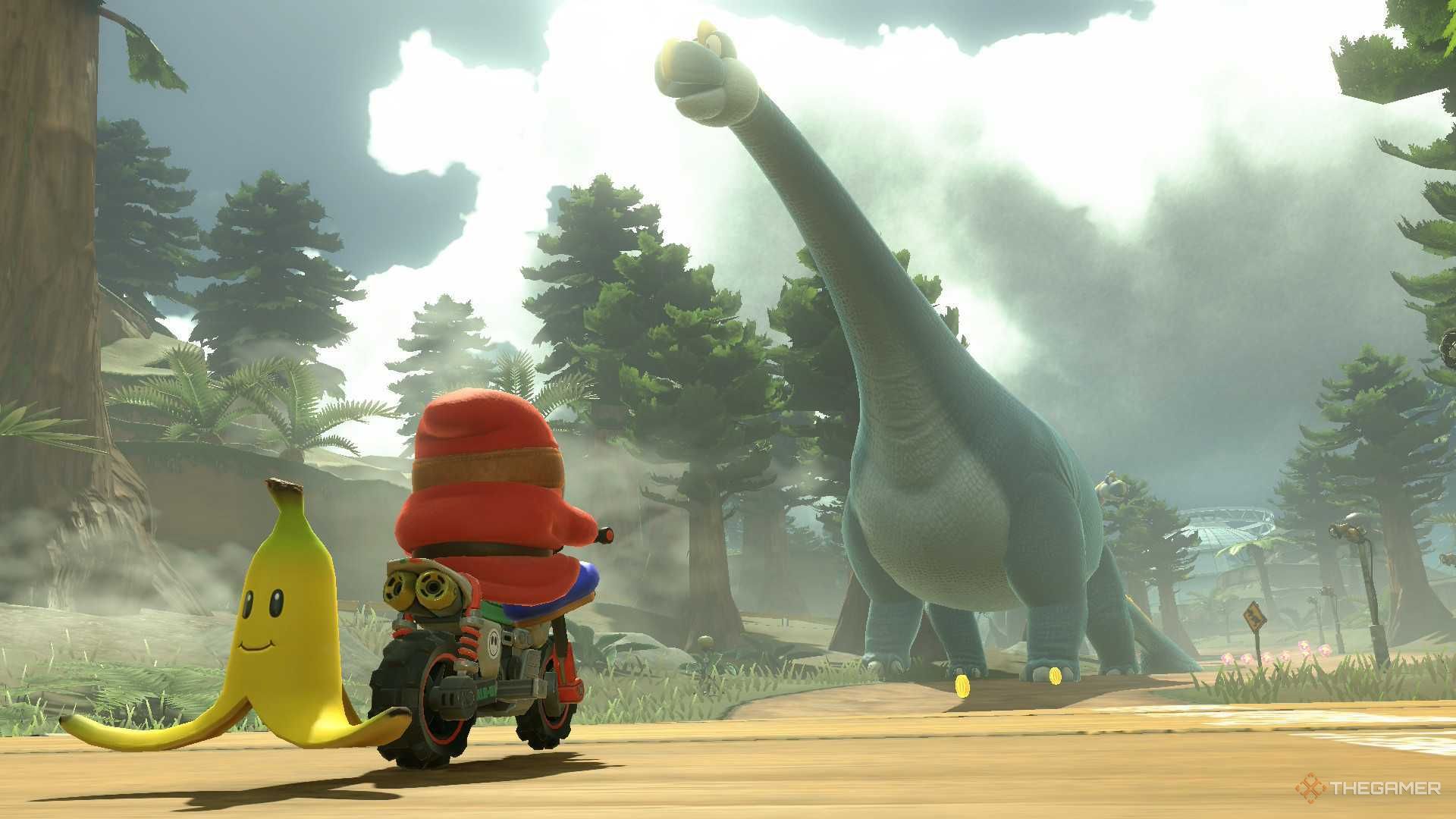 Mario Kart World Shy Guy With Banana Looking At Giant Dinosaur.