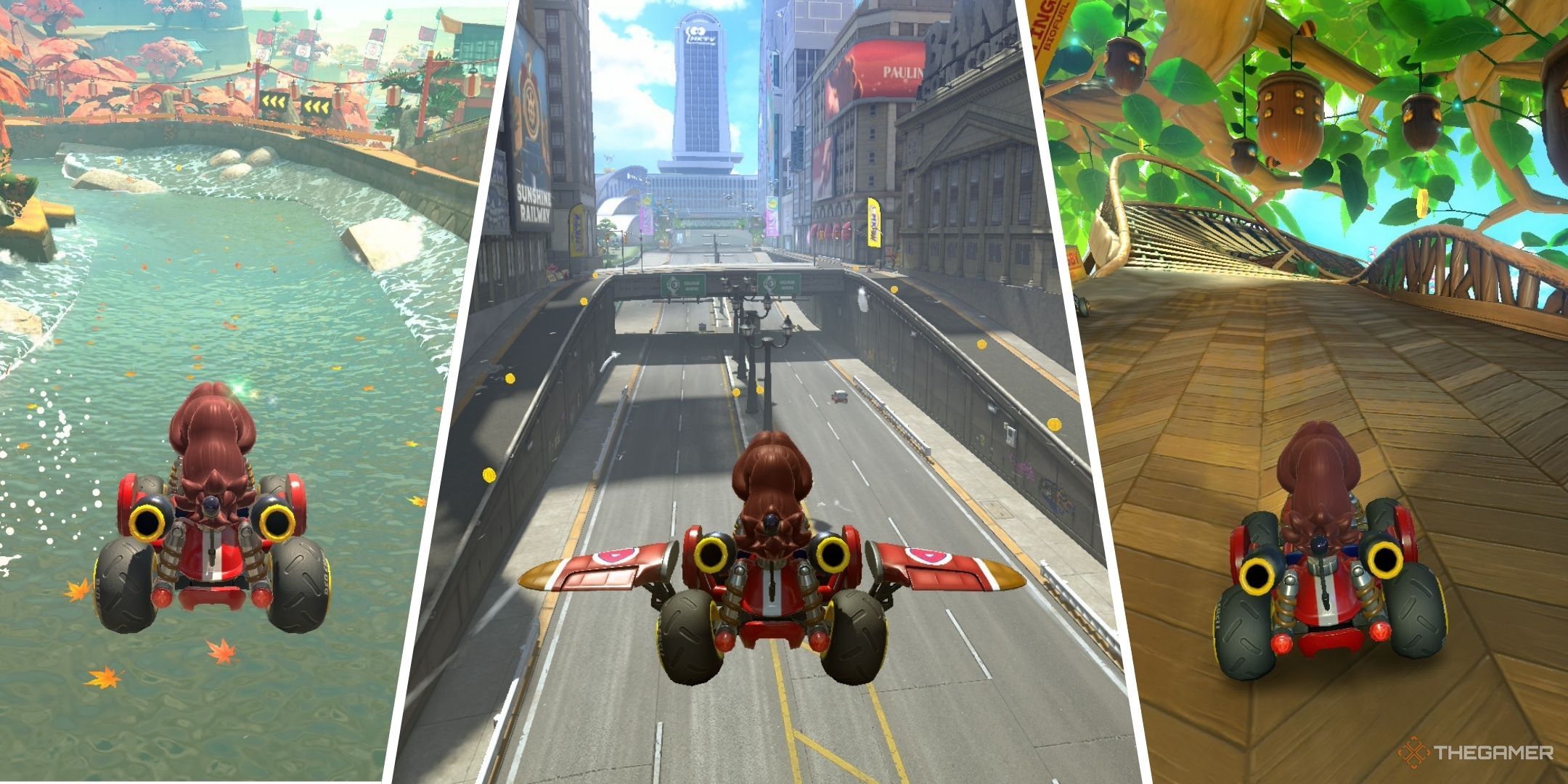 Mario Kart World three tracks in a collage.