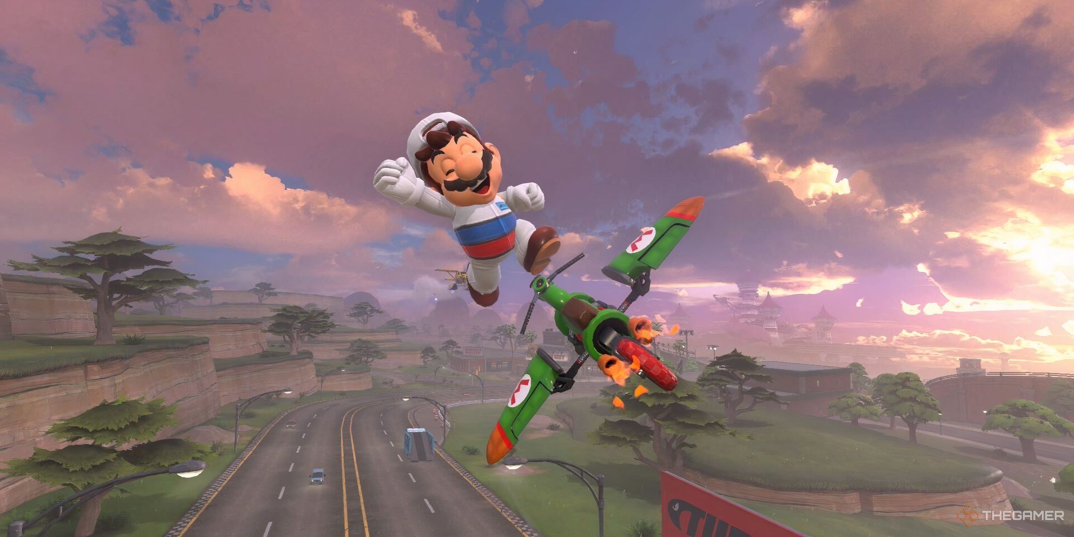 Mechanic Mario tricking in the air in Mario Kart World.