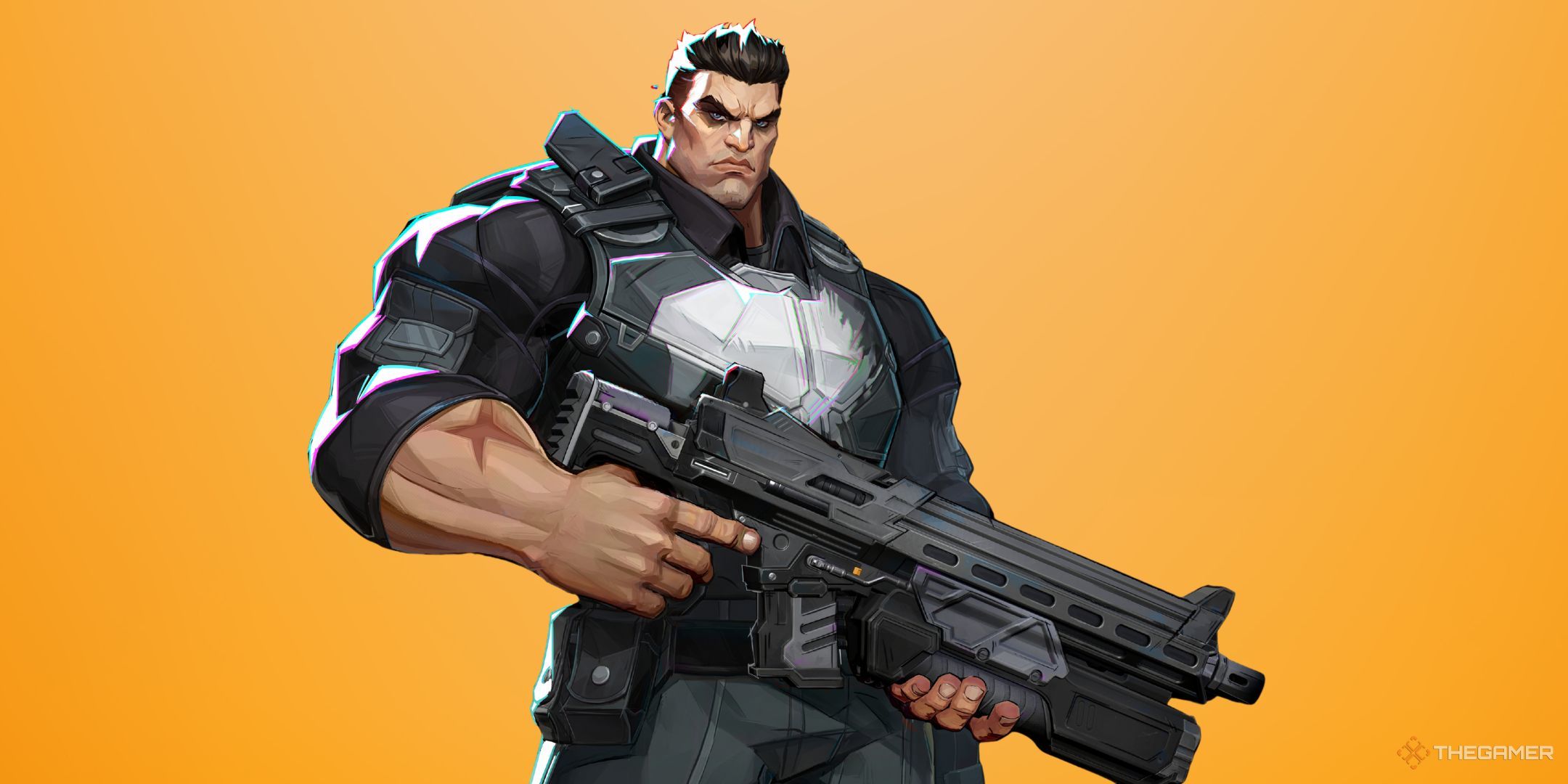 The Punisher in Marvel Rivals, wearing an outfit with a skull symbol on the front and holding a big gun.