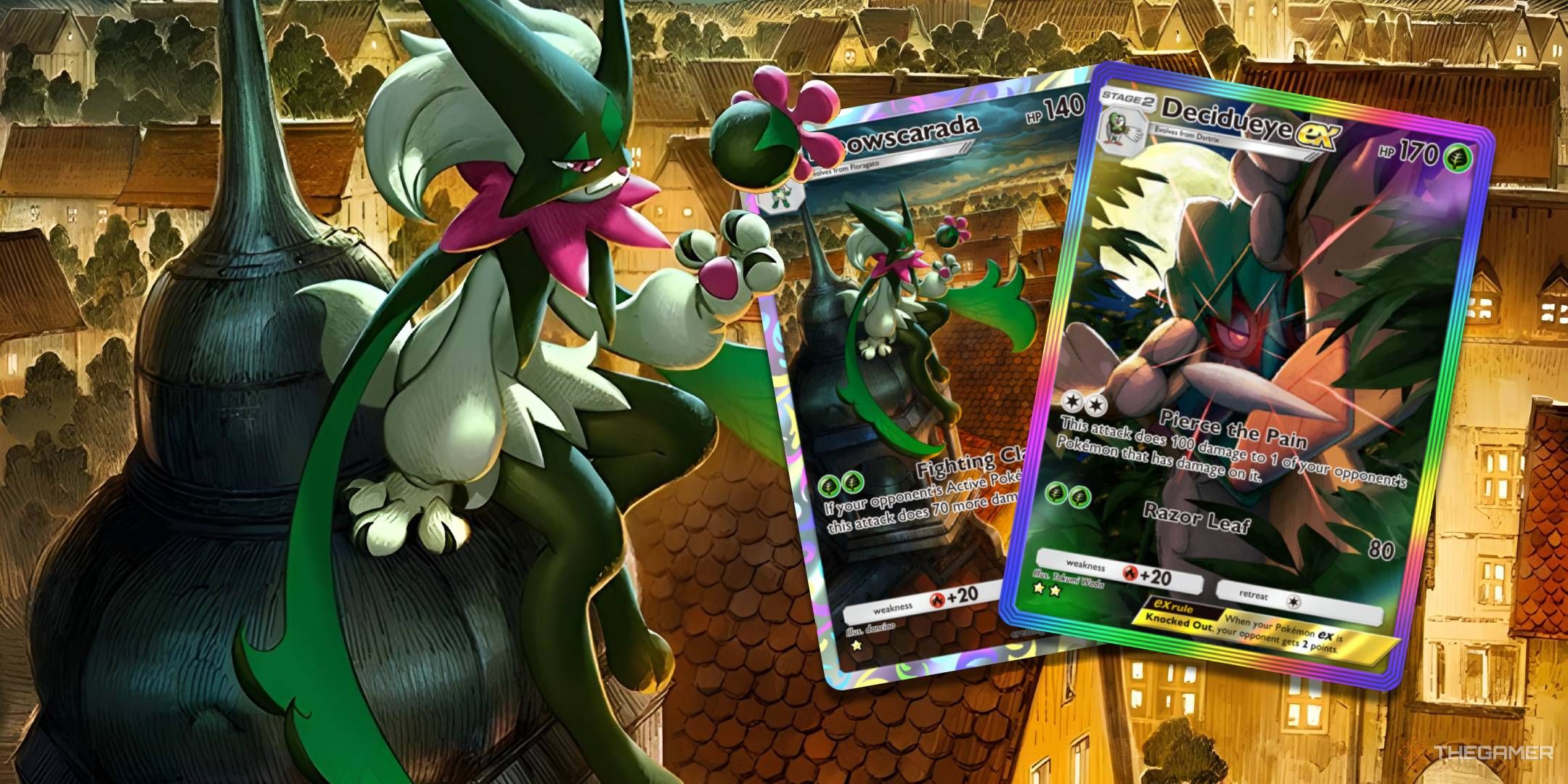 Meowscarada sits on a rooftop overlooking the Meowscarada Illustration Rare and the Decidueye ex Secret Illustration Rare cards from Pokemon TCG Pocket.