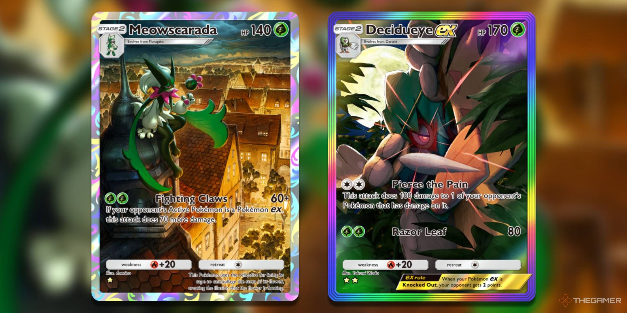 The Meowscarada Illustration Rare, from Pokemon TCG Pocket's Shining Revelry expansion, and the Decidueye ex Secret Illustration Rare, from Celestial Guardians.