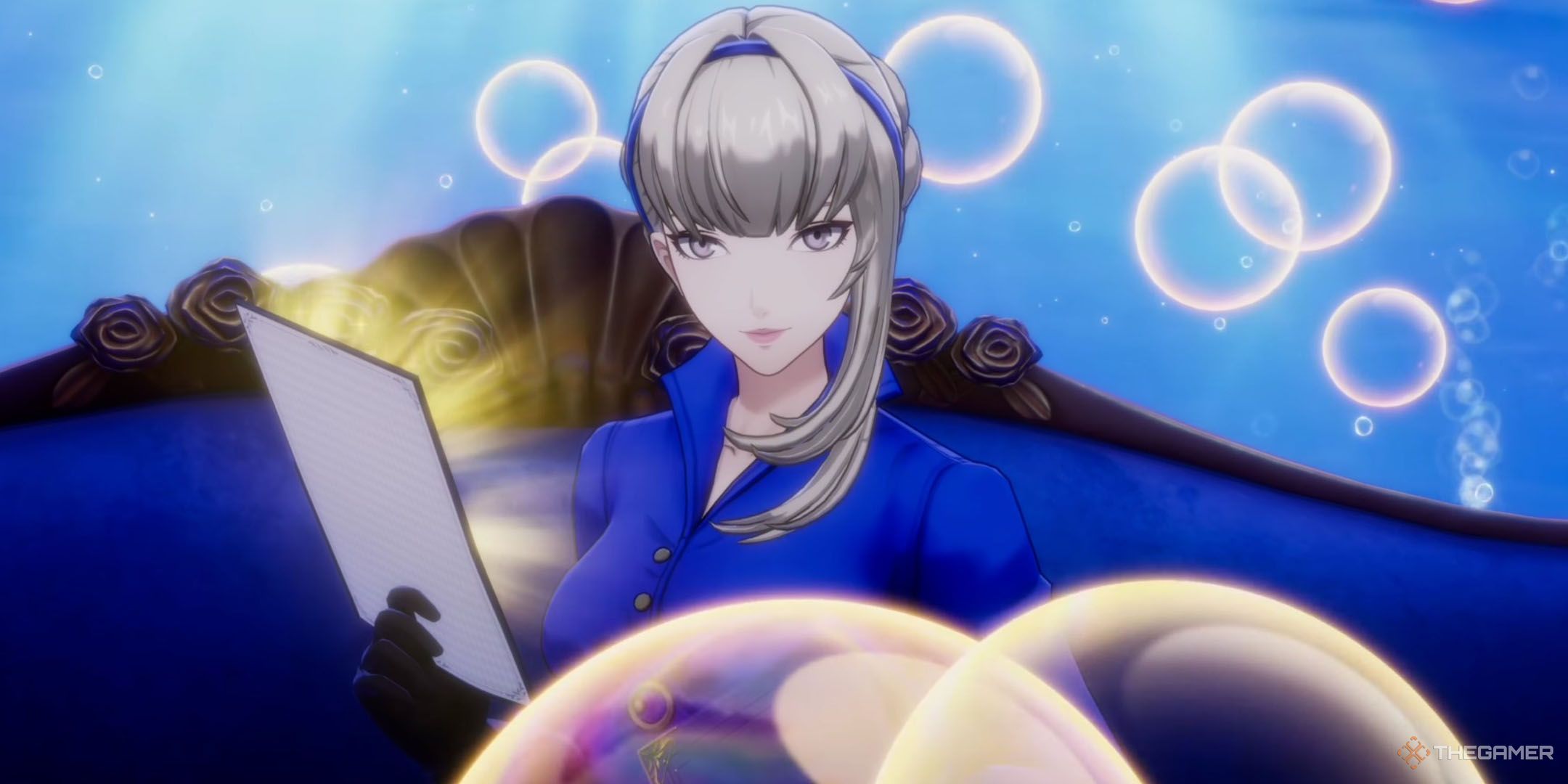 Merope holding a contract in Persona 5 The Phantom X.