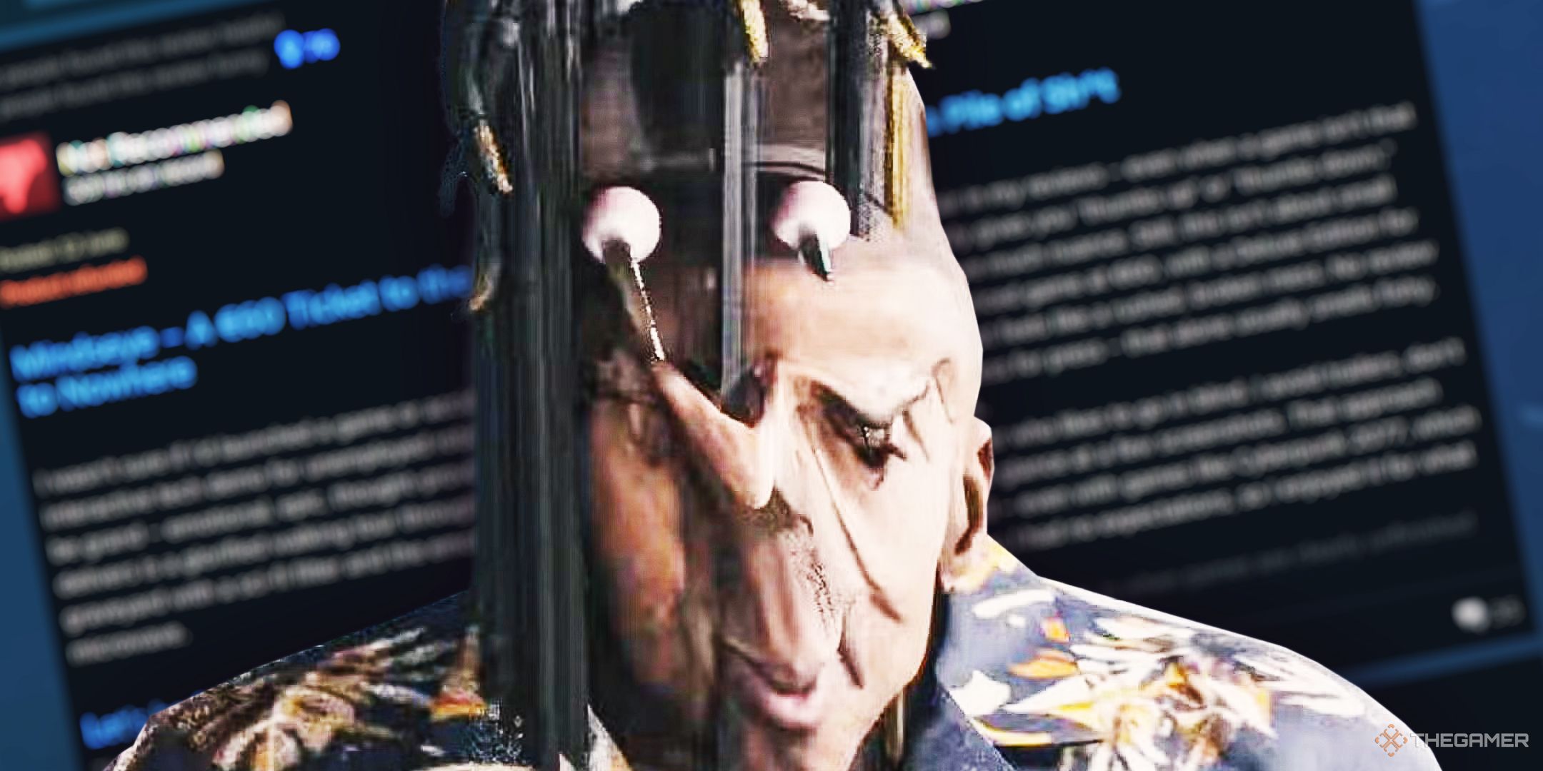 A spaghettified character from MindsEye over negative Steam reviews of the game.