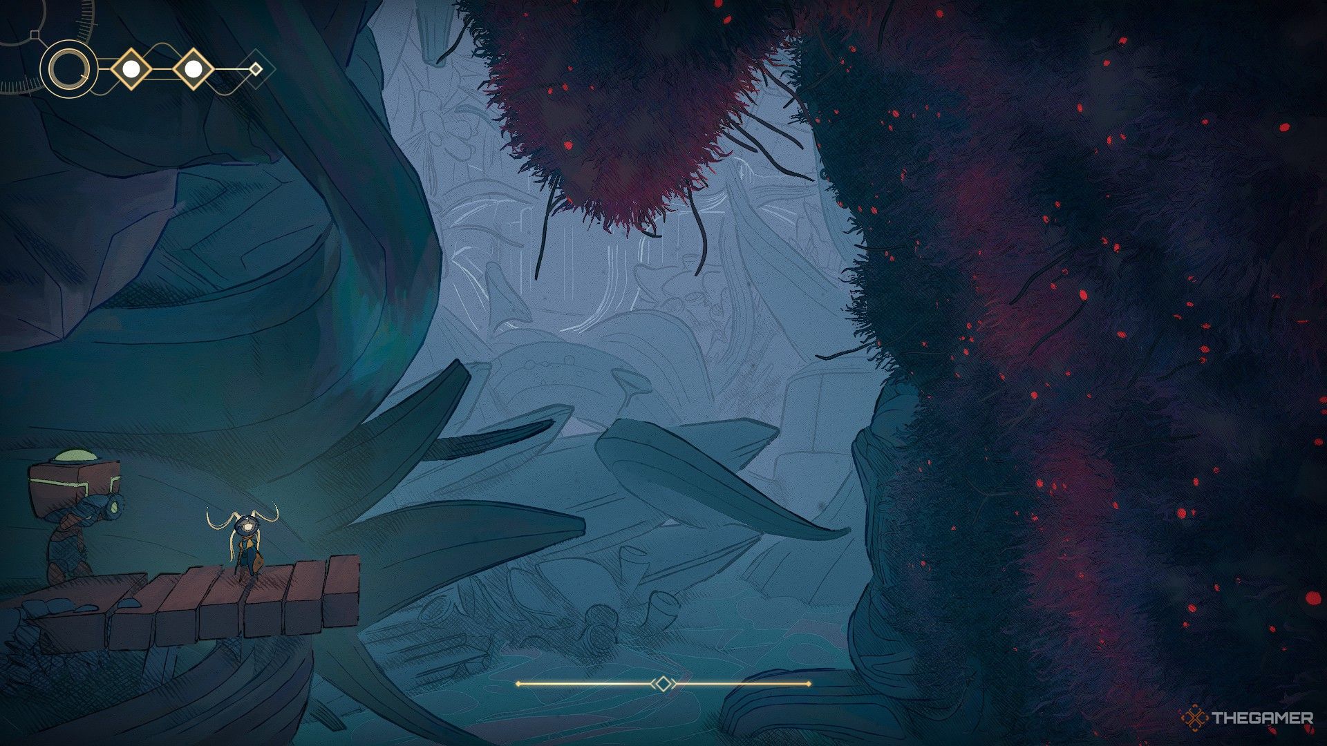 MIO and a fellow robot looking at an infested location in in MIO: Memories In Orbit.