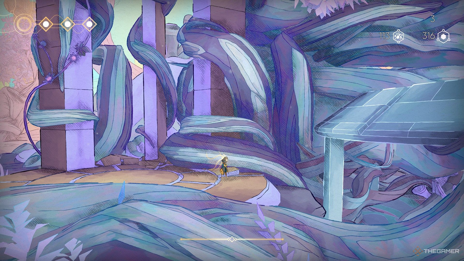MIO walking through a new area painted with purple and light blue.