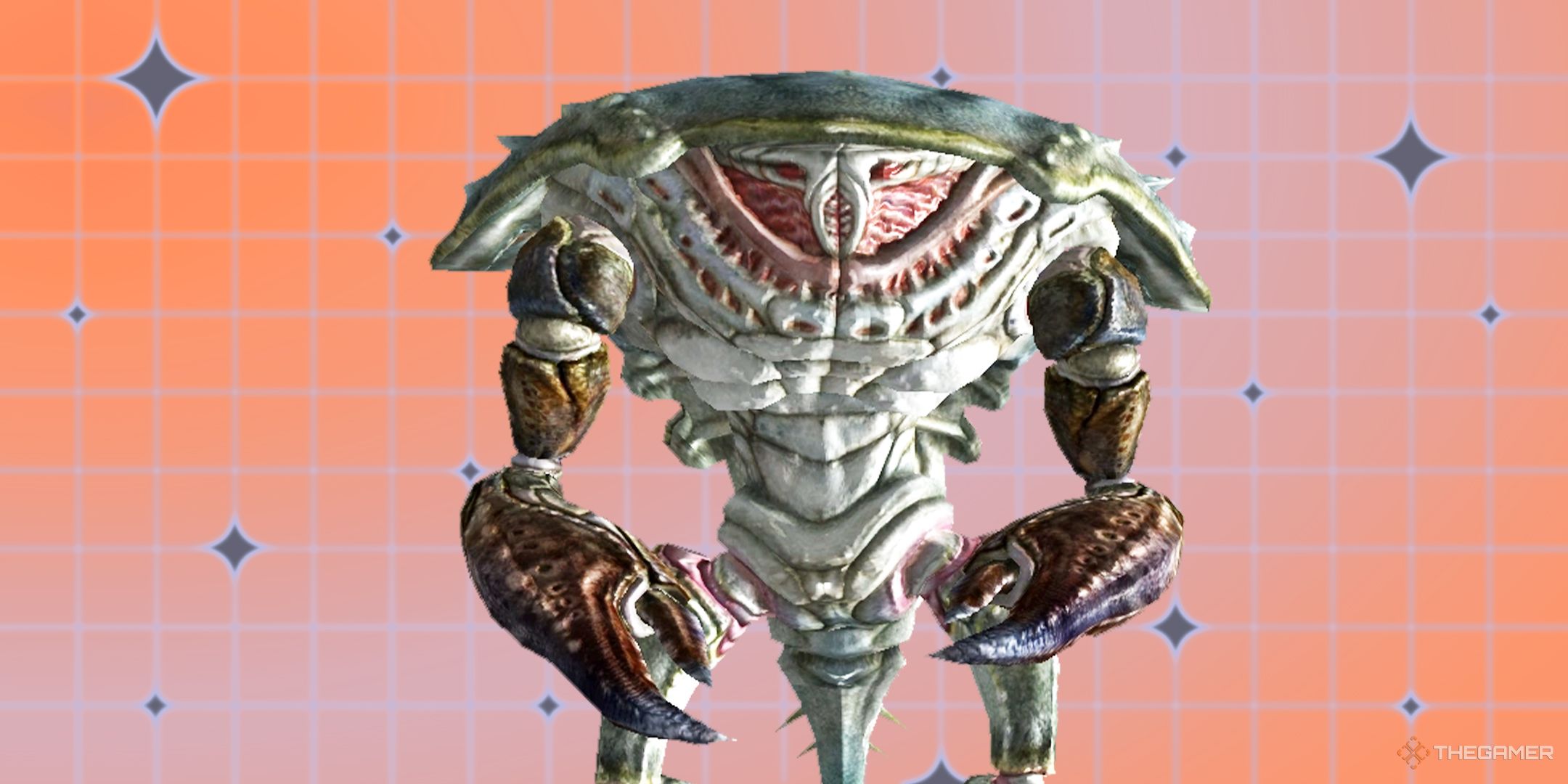 Mirelurk from Fallout 3 standing over an orange and grey grid.