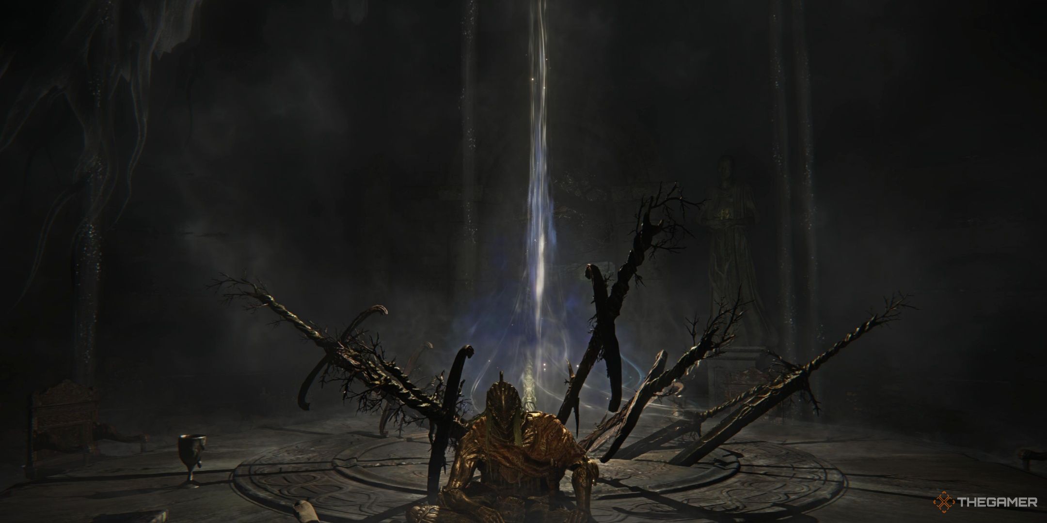 Executor sitting cross legged on the expeditions table in the roundtable hold in elden ring nightreign.