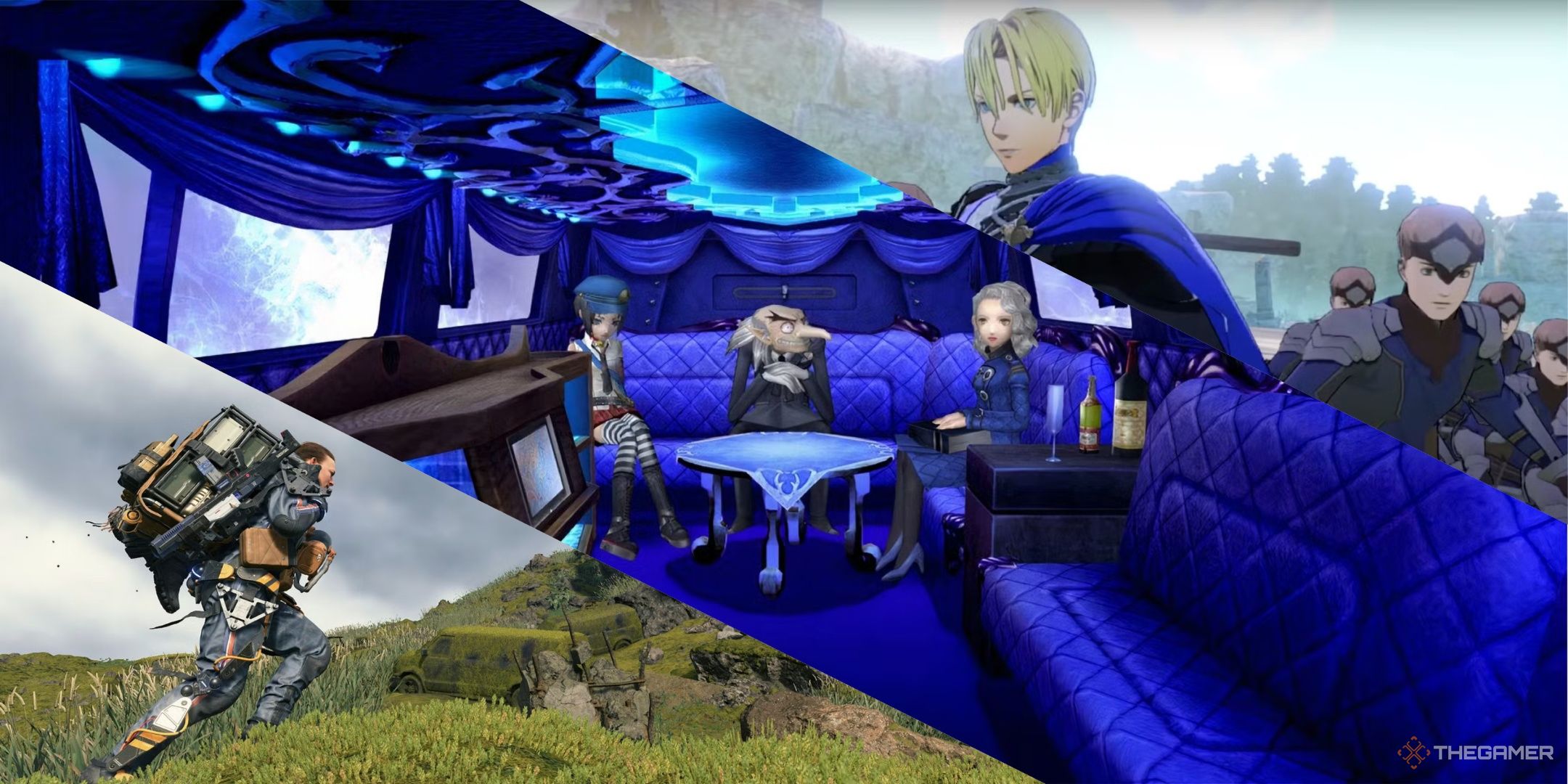 Sam climbing a hill in death stranding, igor in the velvet room in persona 4, and dimitri in fire emblem three houses.