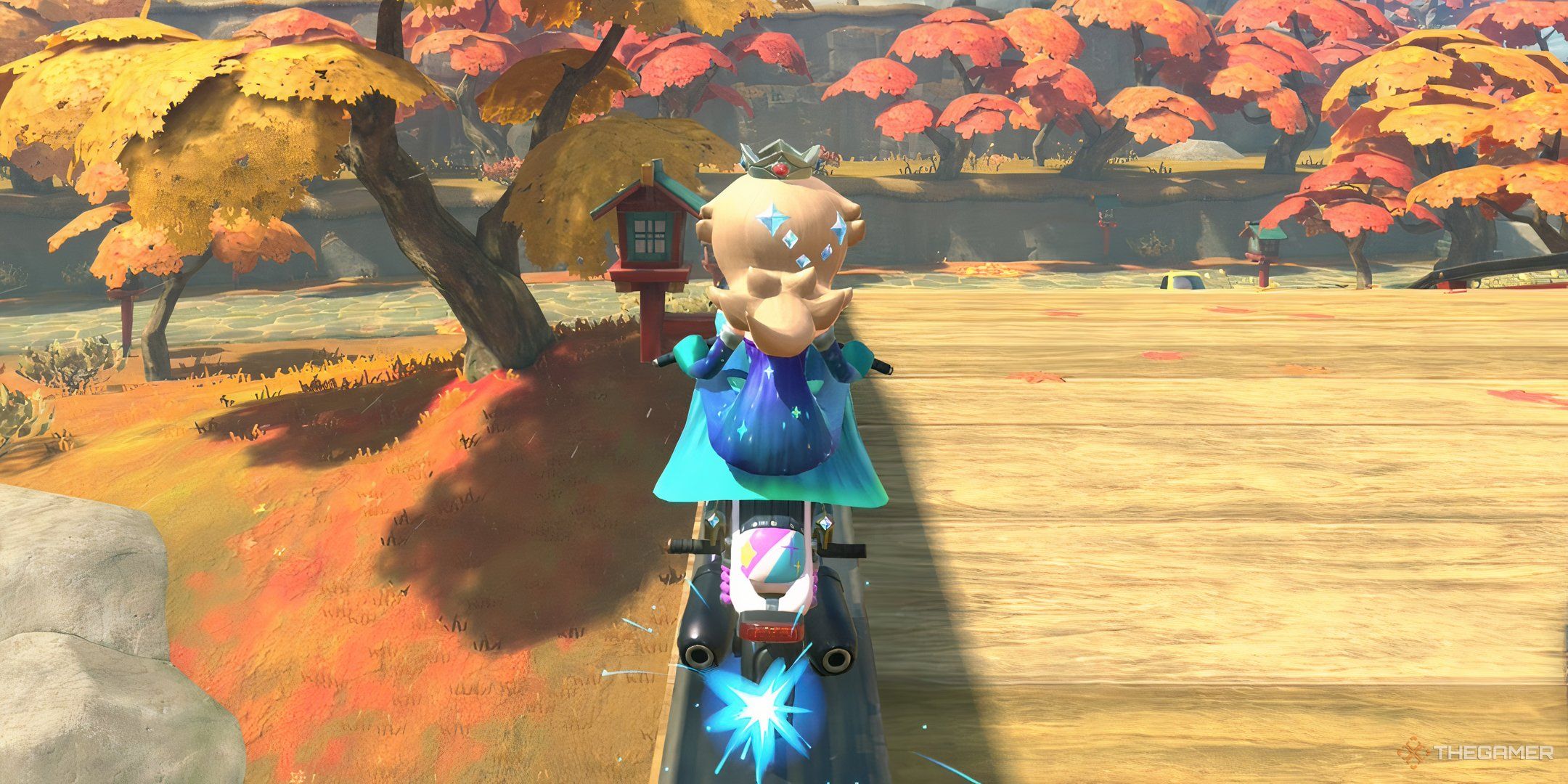 Aurora Costume Rosalina uses a bike to ride the rails in Acorn Heights in Mario Kart World.