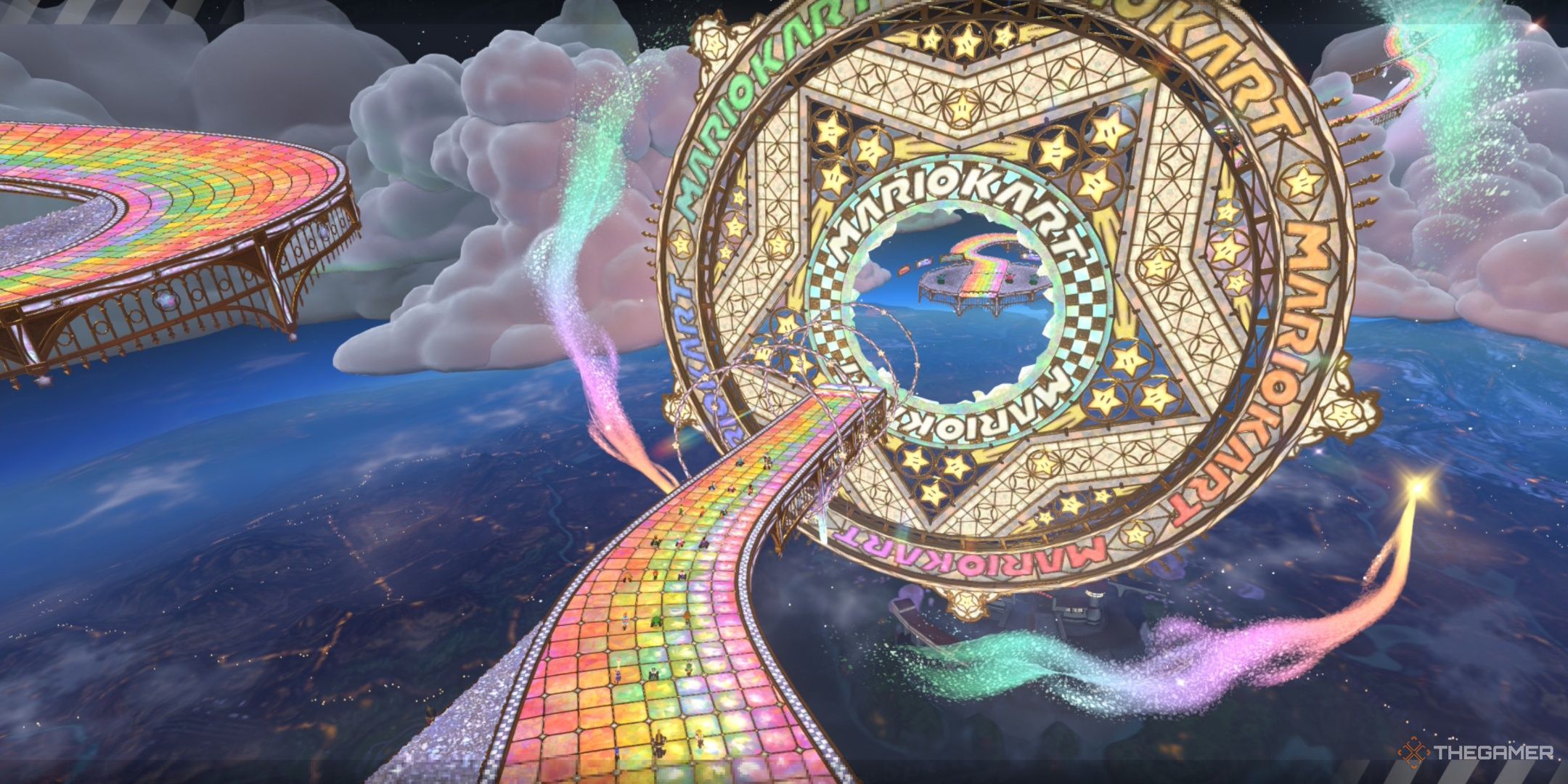 Racers race toward the starting line on Rainbow Road in Mario Kart World.