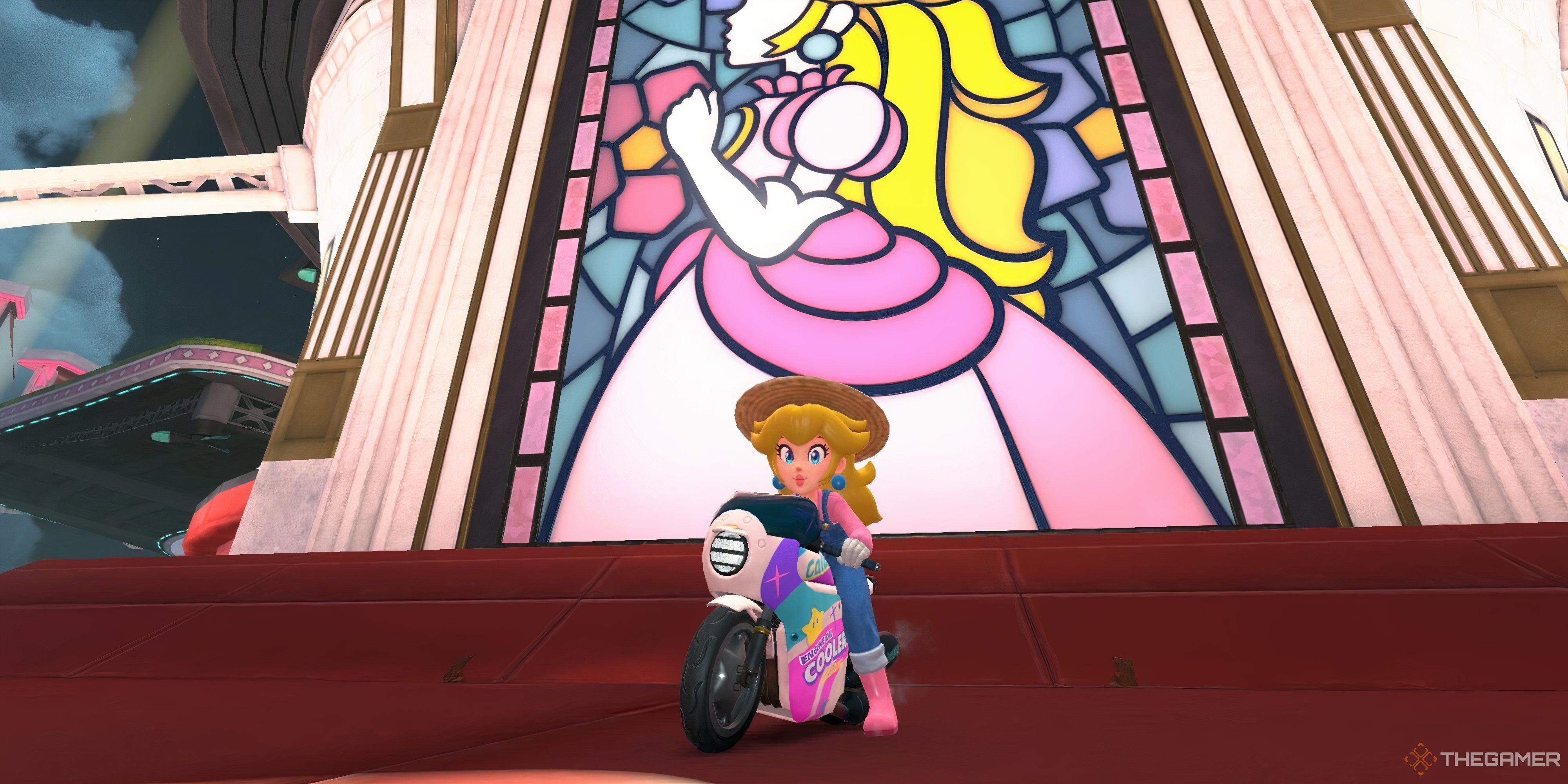 princess peach in front of the peach stadium stain glass window in mario kart world.