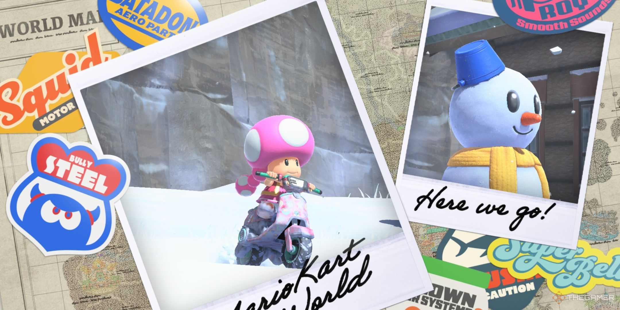 Toadette and a snowman together in a picture from mario kart world.