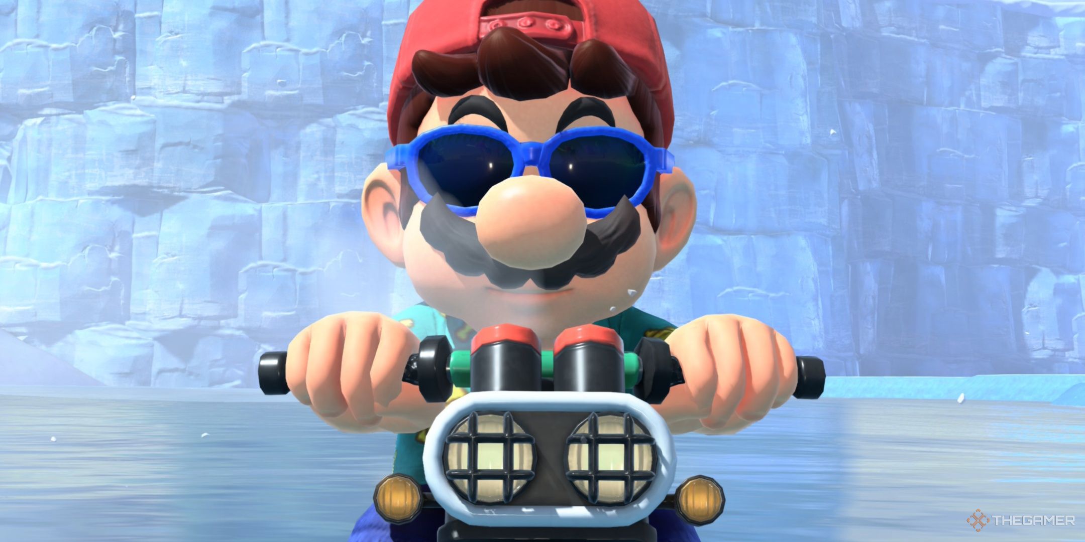 Mario wearing sunglasses looking directly into the camera in mario kart world.