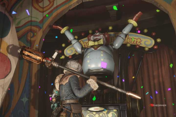 The Prize Puppet throws up confetti around the player after receiving a Carnival Coin in Lies of P: Overture.