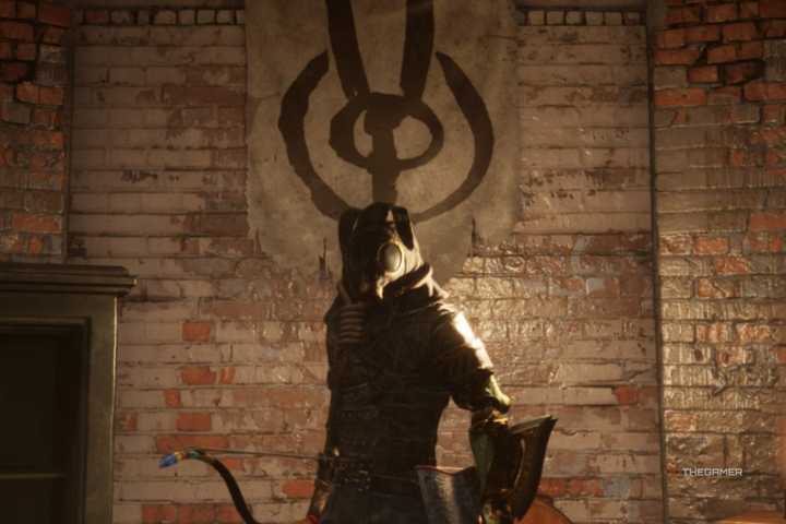 Player dons the Eldest Black Rabbit's Attire in front of a Black Rabbit Brotherhood banner in Lies of P: Overture.
