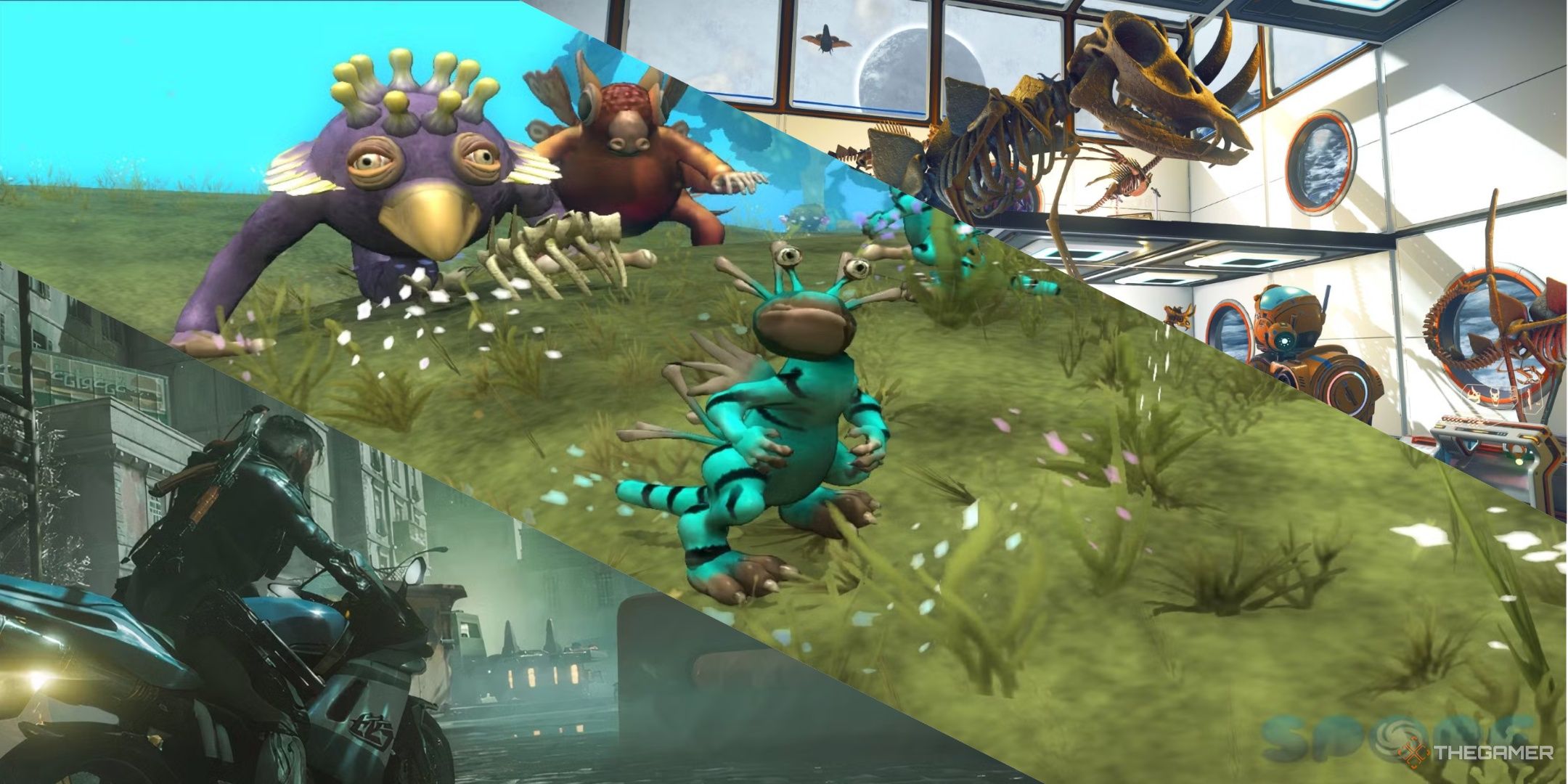 A man on a motorbike in warframe 1999, some creatures in spore, and a dinosaur fossil in no man's sky.