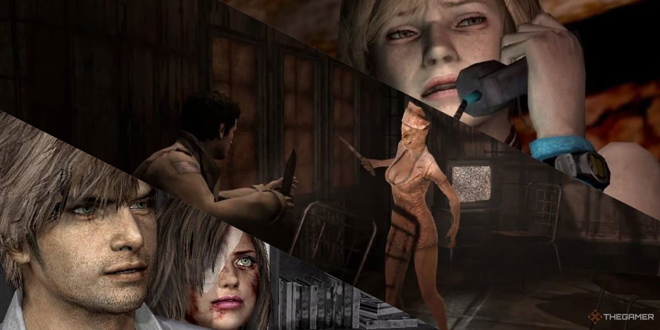 Henry townsend with a bloodied woman in silent hill 4 the room, alex sheperd fighting a bubblehead nurse in silent hill homecoming, and heather on the phone in silent hill 3.