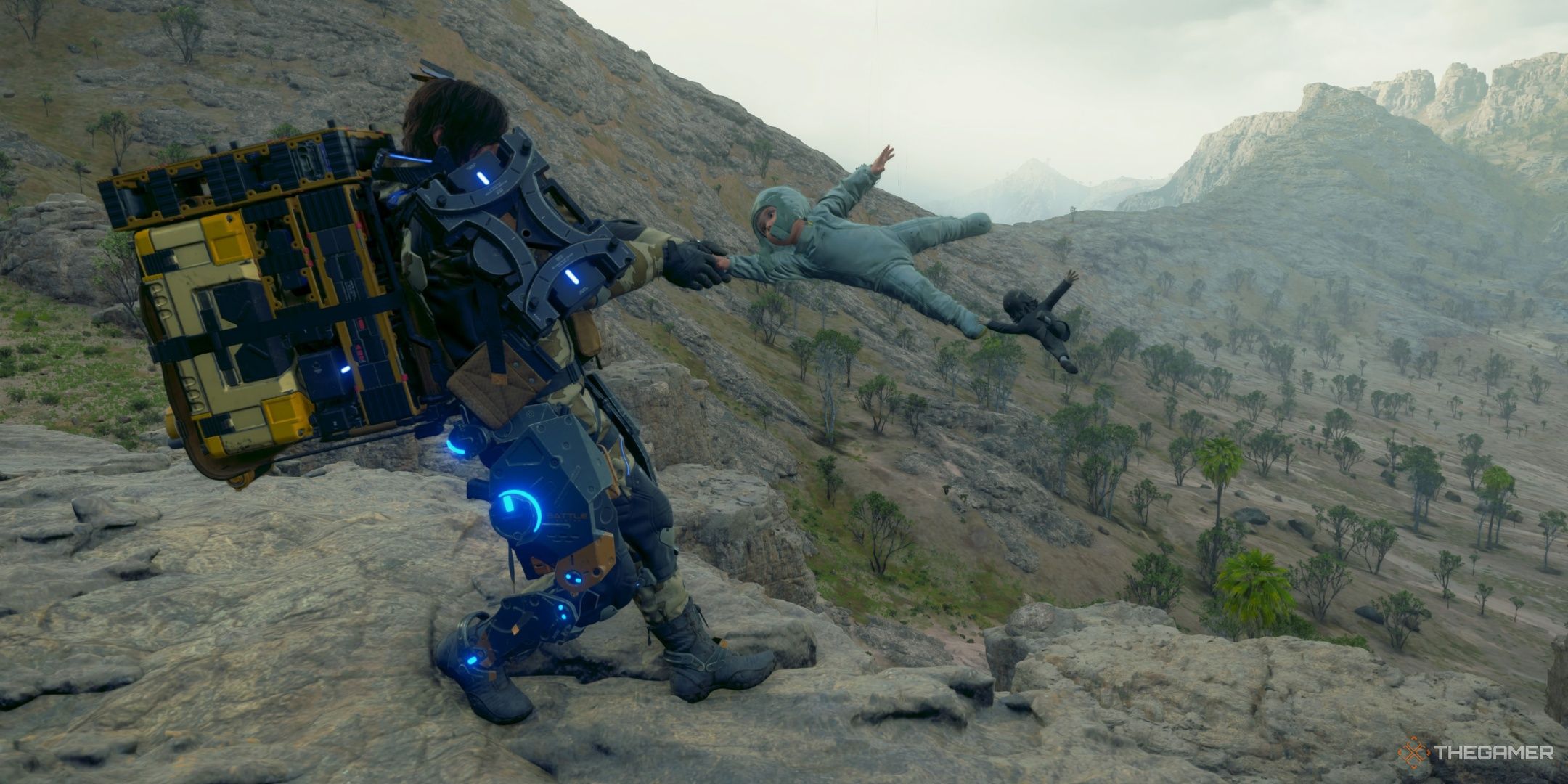 Sam Porter Bridges dangles his baby off a cliff in Death Stranding 2. 