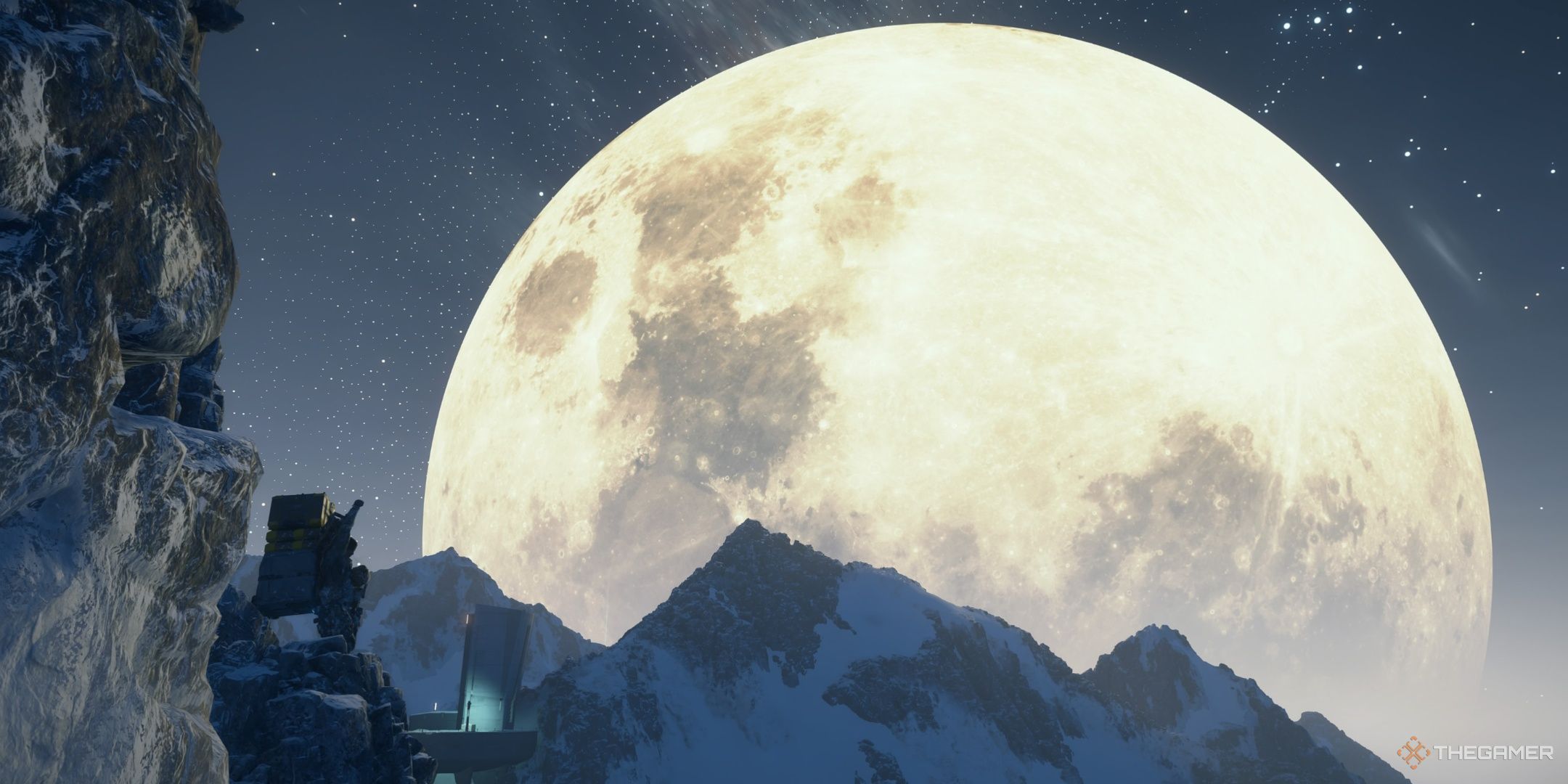 Sam Porter Bridges poses next to a giant moon in Death Stranding 2. 