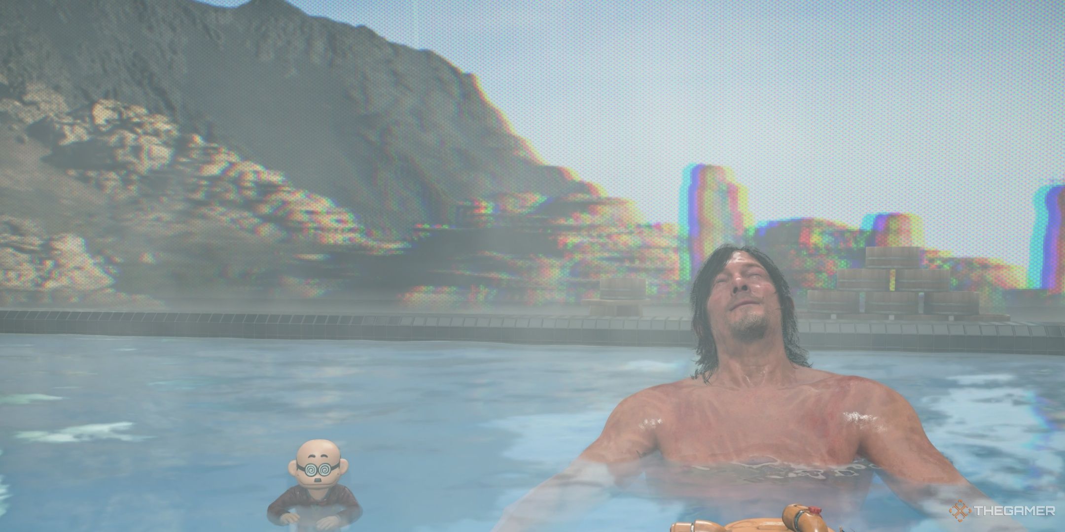 Sam and Dollman relax in a hot spring in Death Stranding 2. 