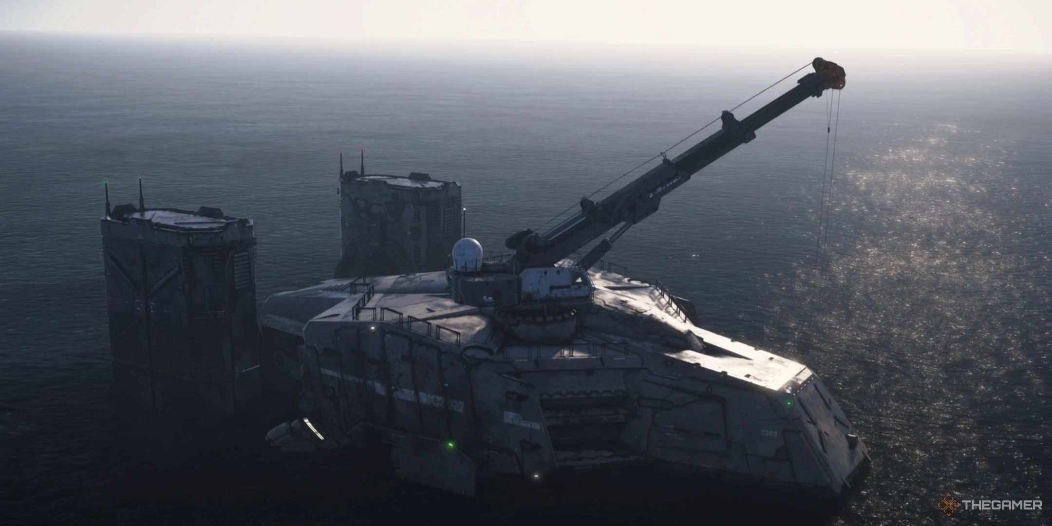 DHV Magellan from above floating in the tar ocean in Death Stranding 2. 