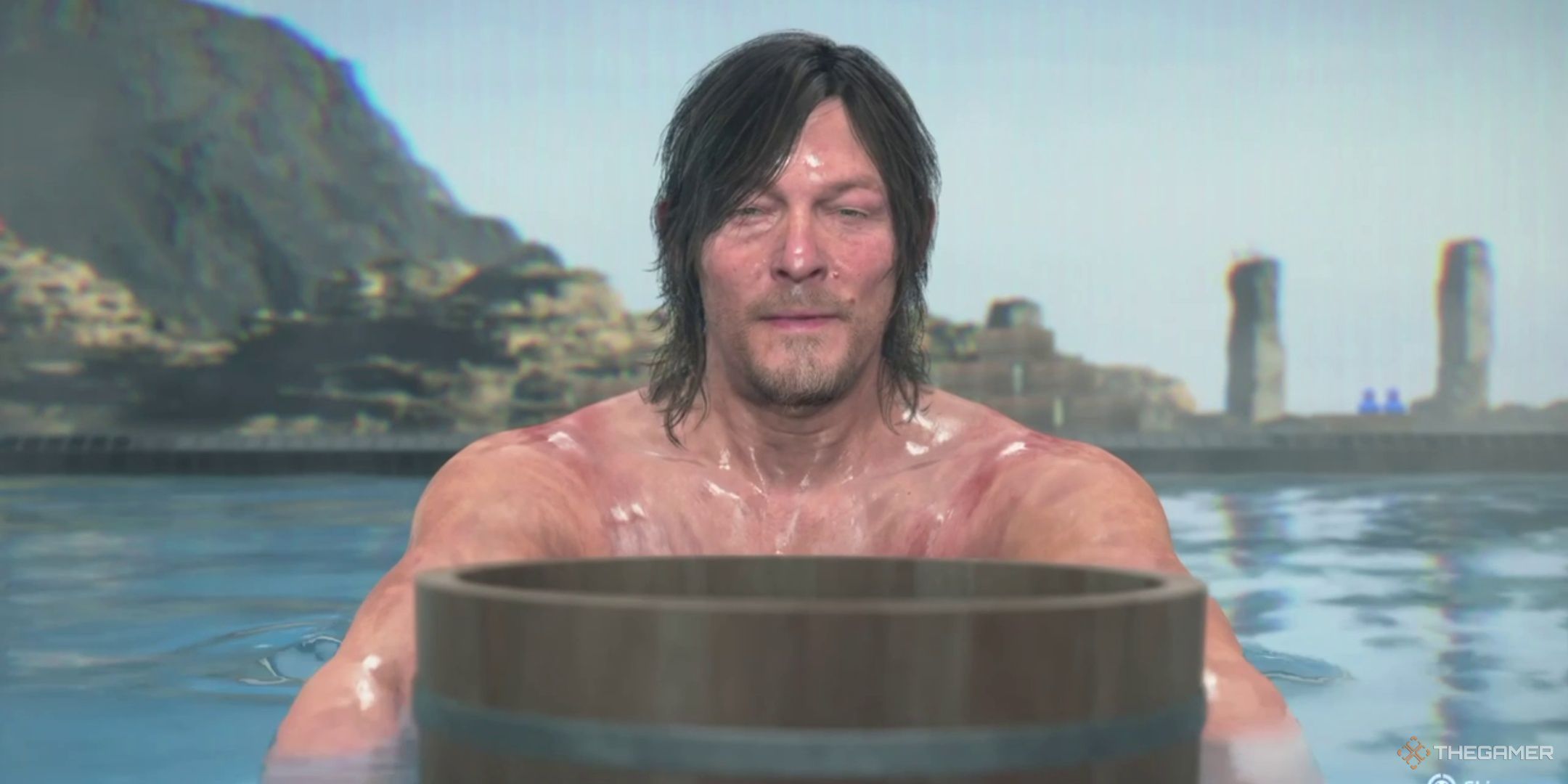 Sam prepared to perform a hot spring jump in Death Stranding 2. 