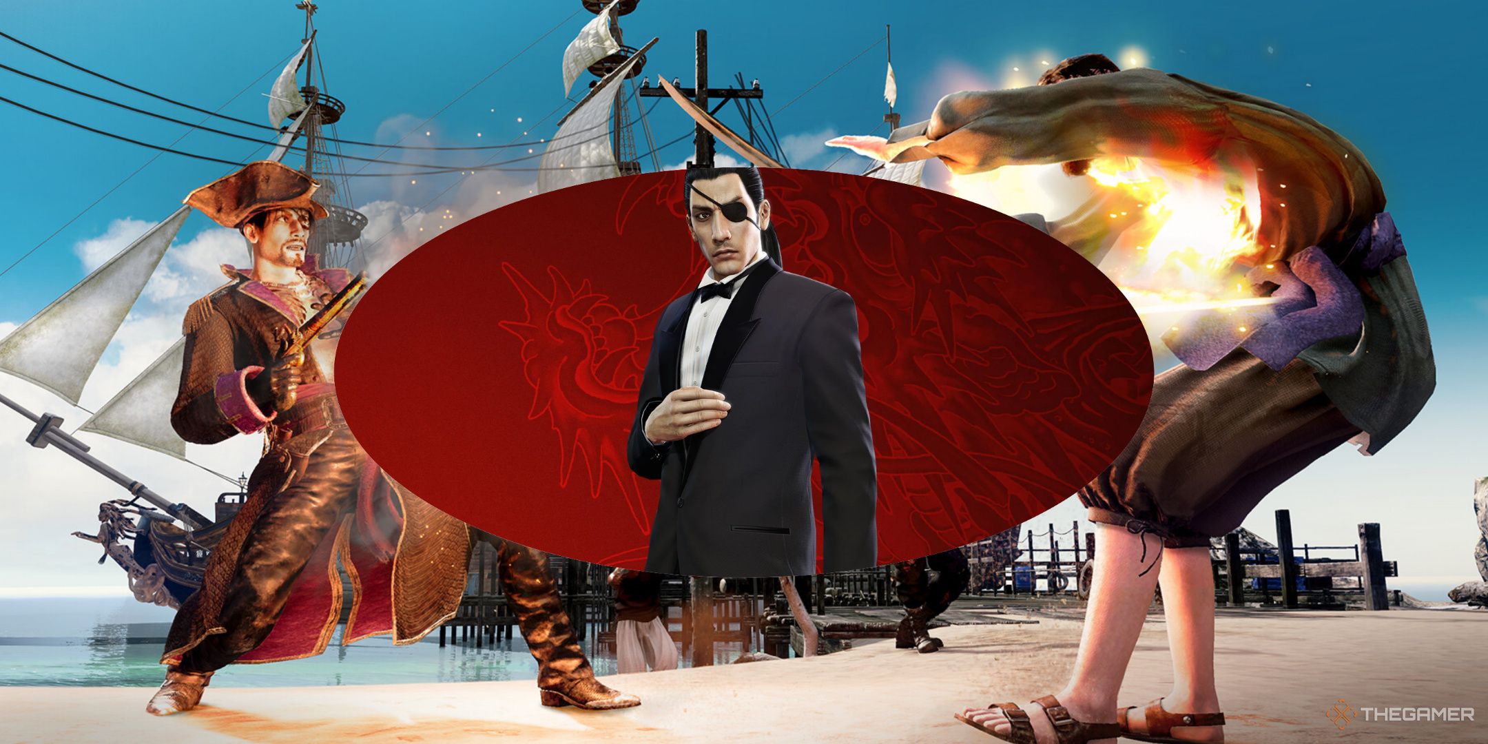 Majima wearing a suit in Yakuza 0, and Majima shooting a guy while dressed as a pirate in Like a Dragon: Pirate Yakuza in Hawaii.
