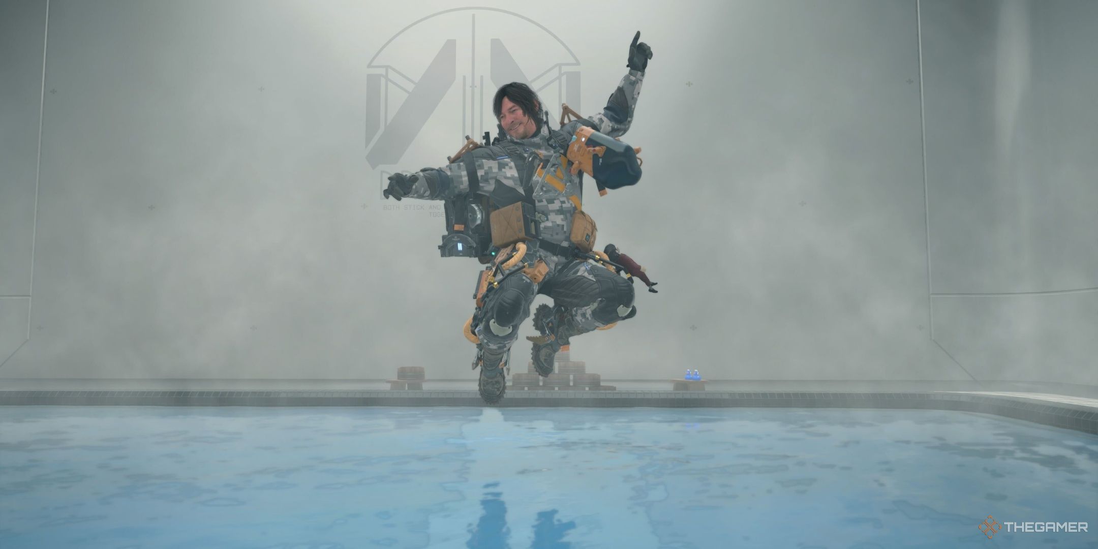 Sam jumps for joy above a hot spring in Death Stranding 2. 