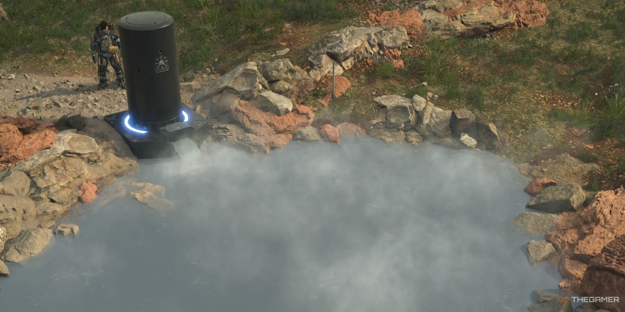 Sam constructs a hot spring outside the nature reserve in Death Stranding 2. 