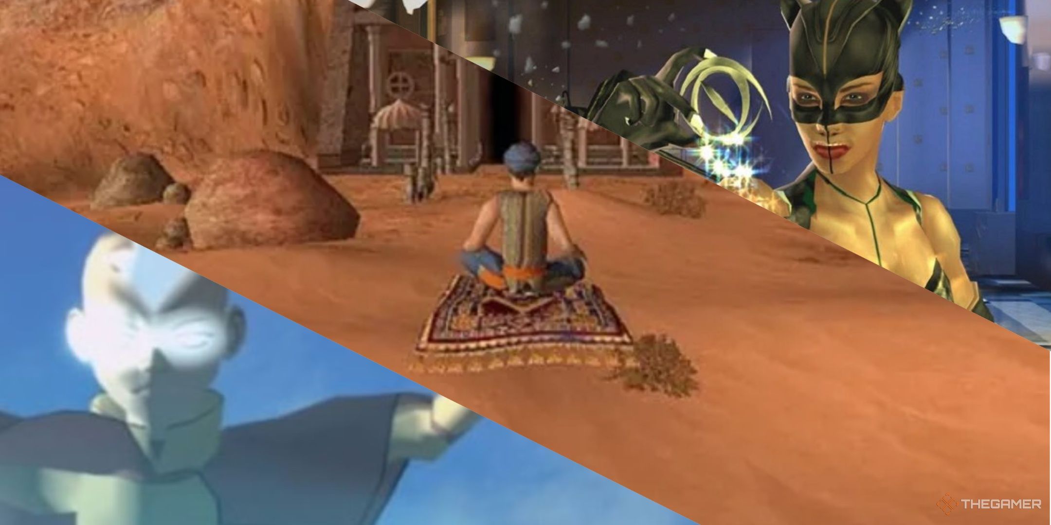 Aang in the avatar state in the burning earth, aladdin on a flying carpet in aladdin's quest for treasure, and catwoman holding a trinket in the catwoman game.