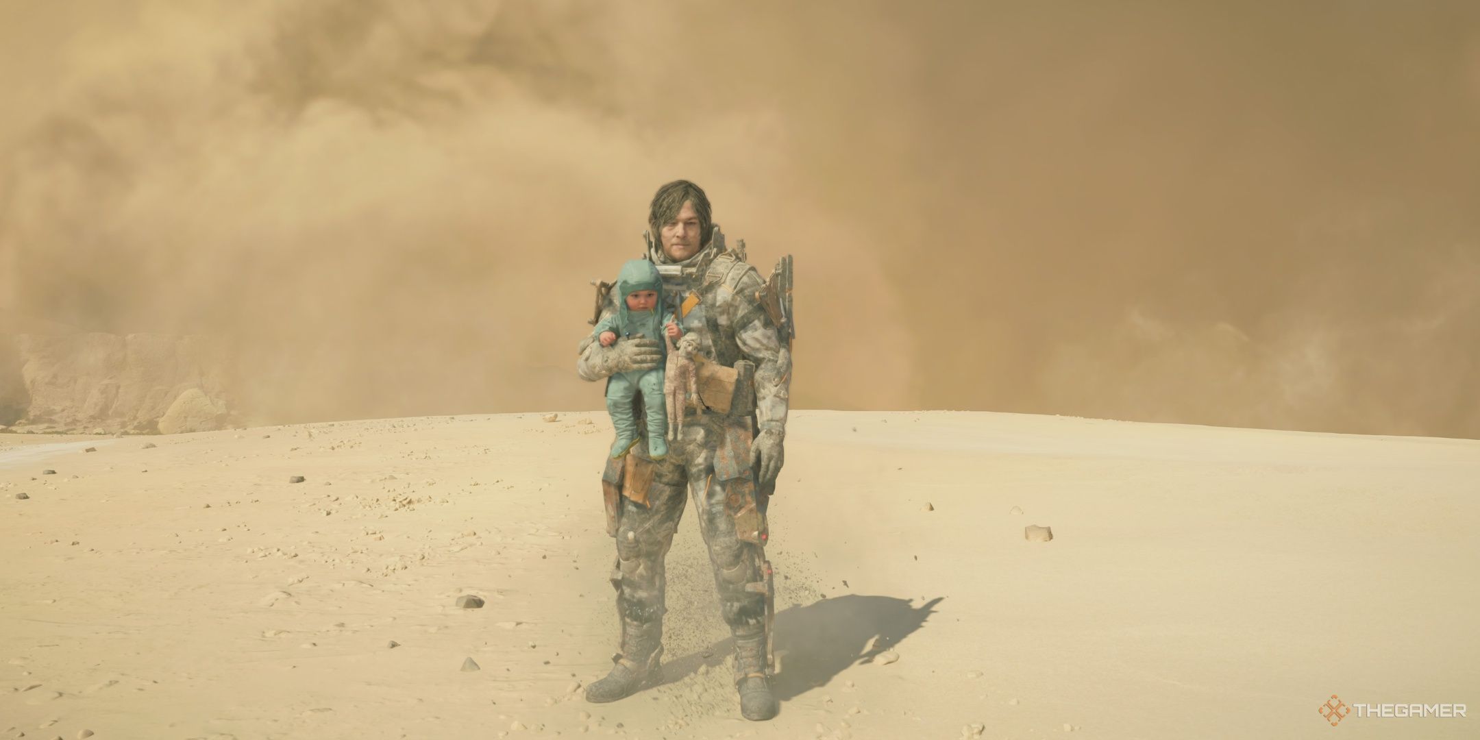 Sam and Lou standing at the edge of a thunderstorm in Death Stranding 2. 