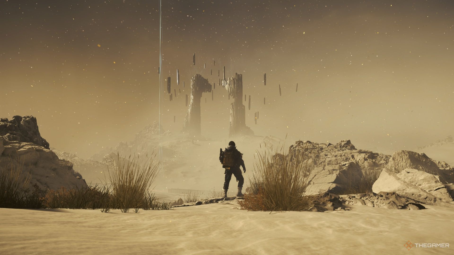 Sam stands before the plate gate from Mexico to Australia in Death Stranding 2. 