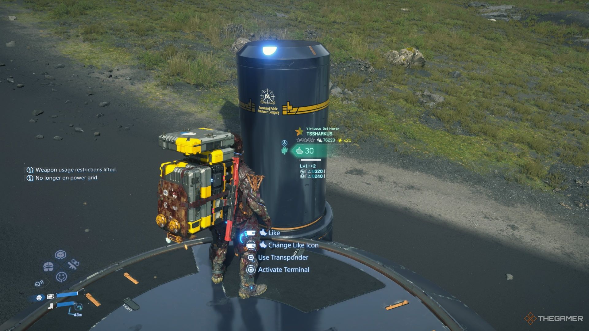 Sam contributes resources to another player's structure in Death Stranding 2. 