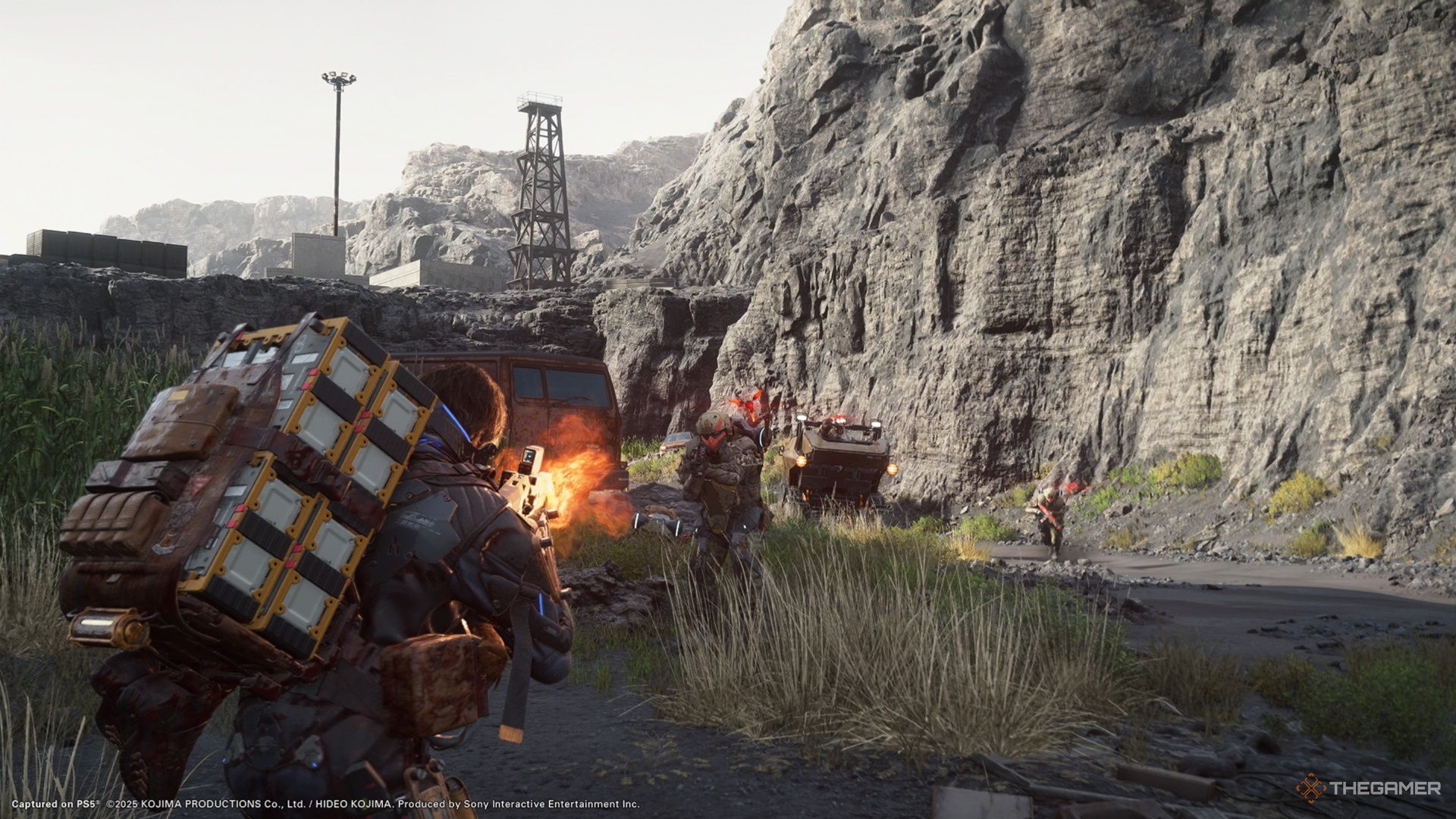Sam engages in a firefight with enemy bandits in Death Stranding 2. 