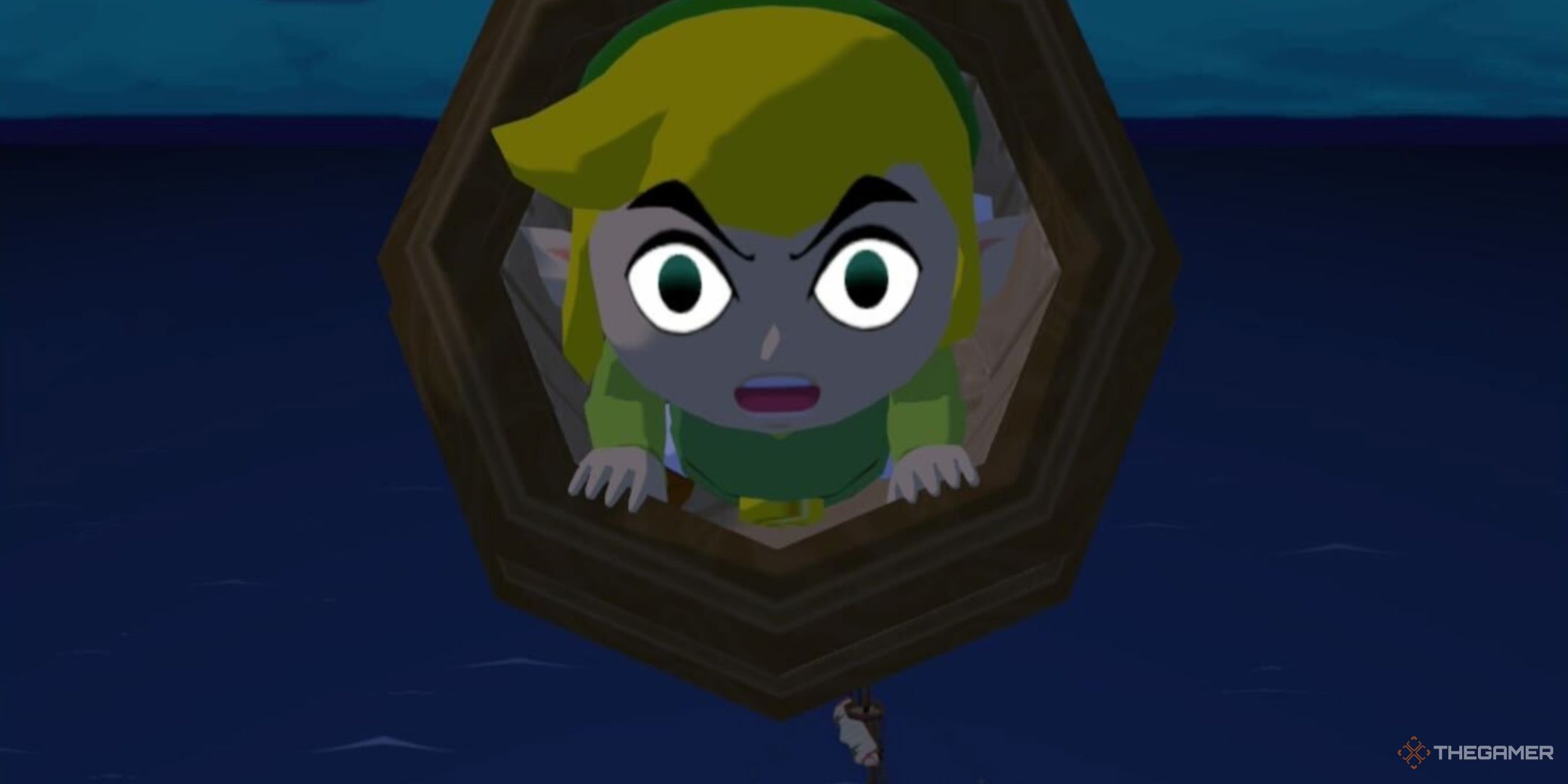 Link is fired from a cannon by Tetra in The Legend of Zelda: Wind Waker. 