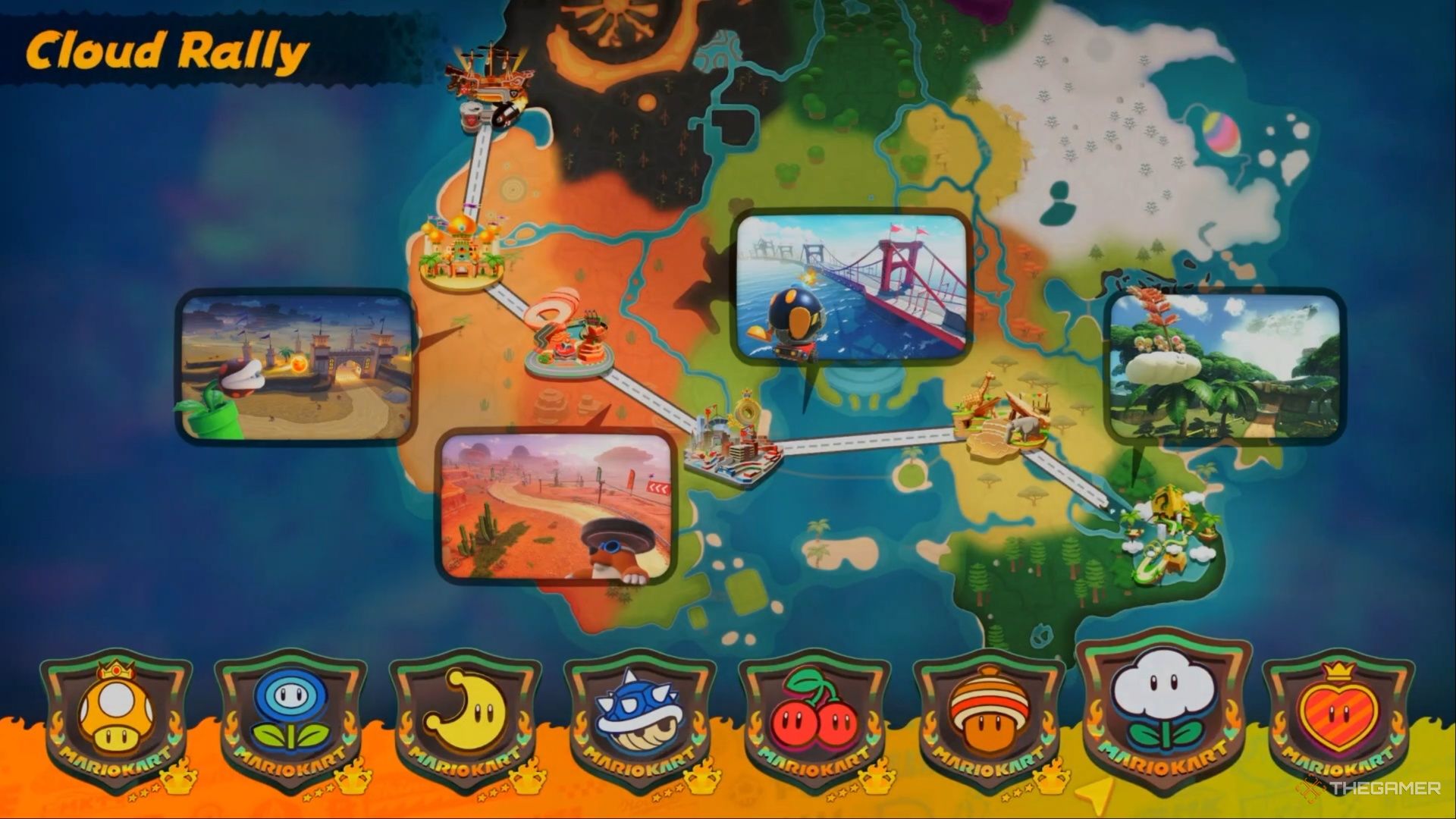 A screenshot showcasing all but two of the eight Knockout Tour Rallies being completed with three stars at 150cc in Mario Kart World.