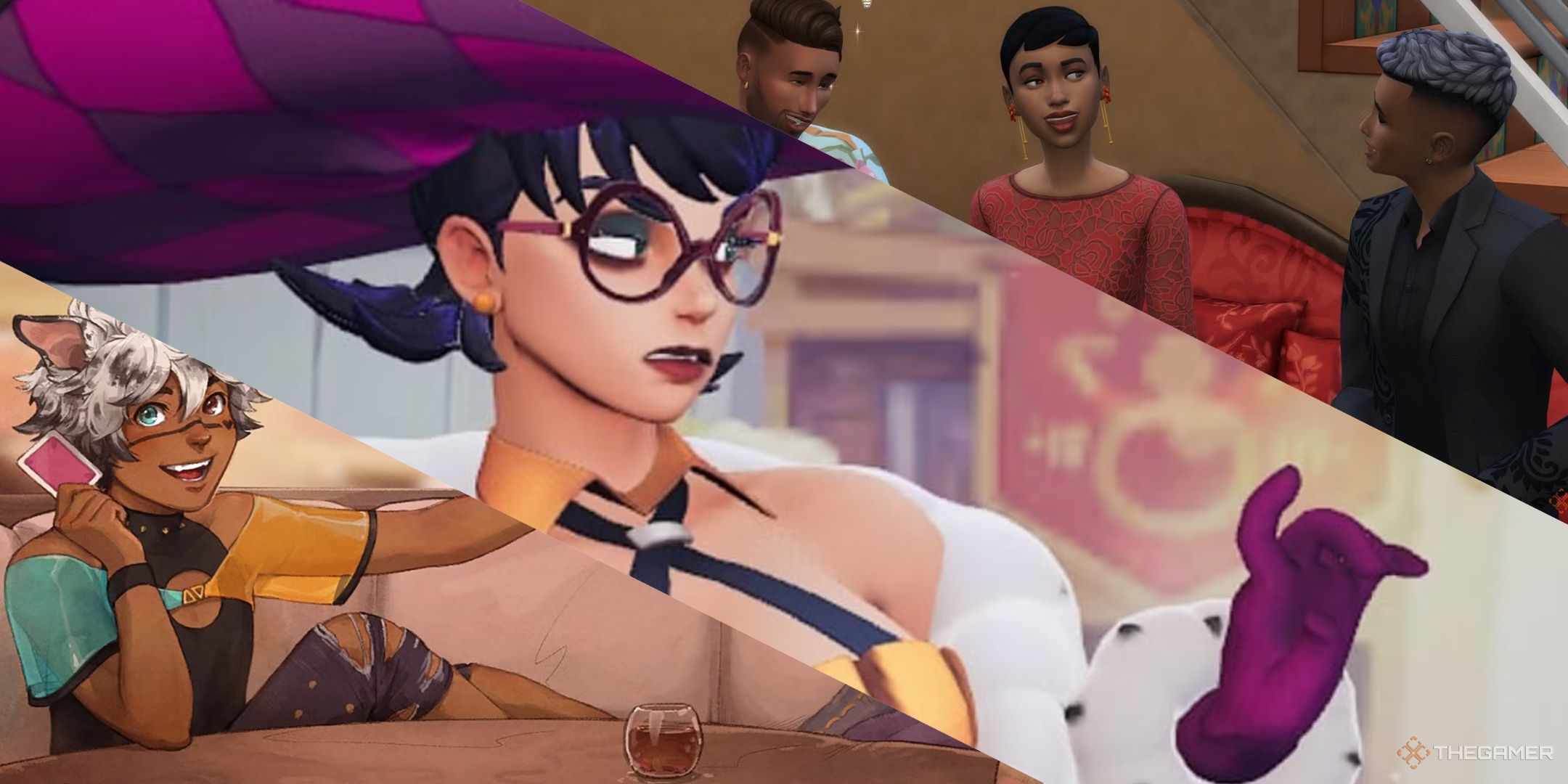 A character in i was a teenage exocolonist holding cards, roxanne in potionomics with a look of disgust, and three sims sitting together in the sims 4.