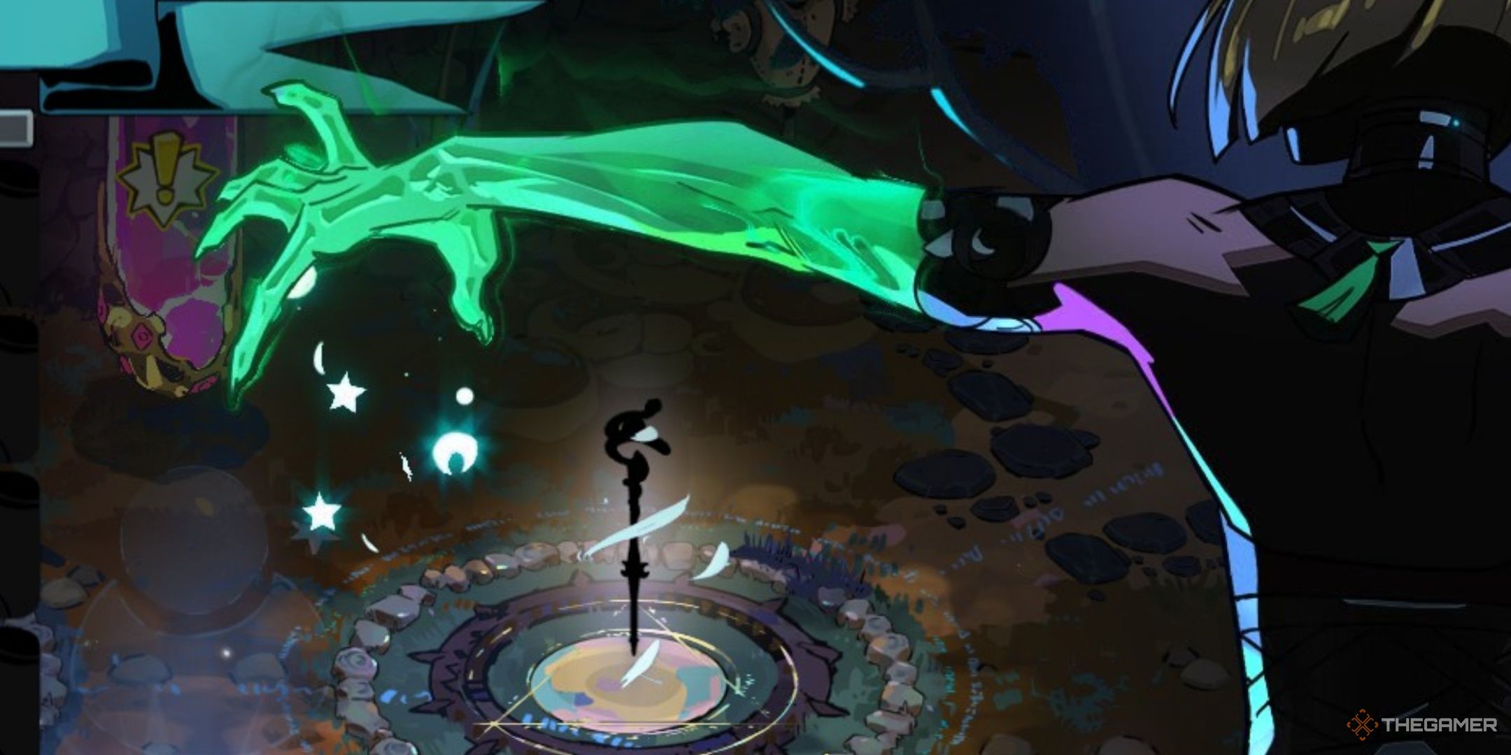 Melinoe reaches her ghastly arm over the shadow of the staff of Momus as she changes its aspect in Hades 2.