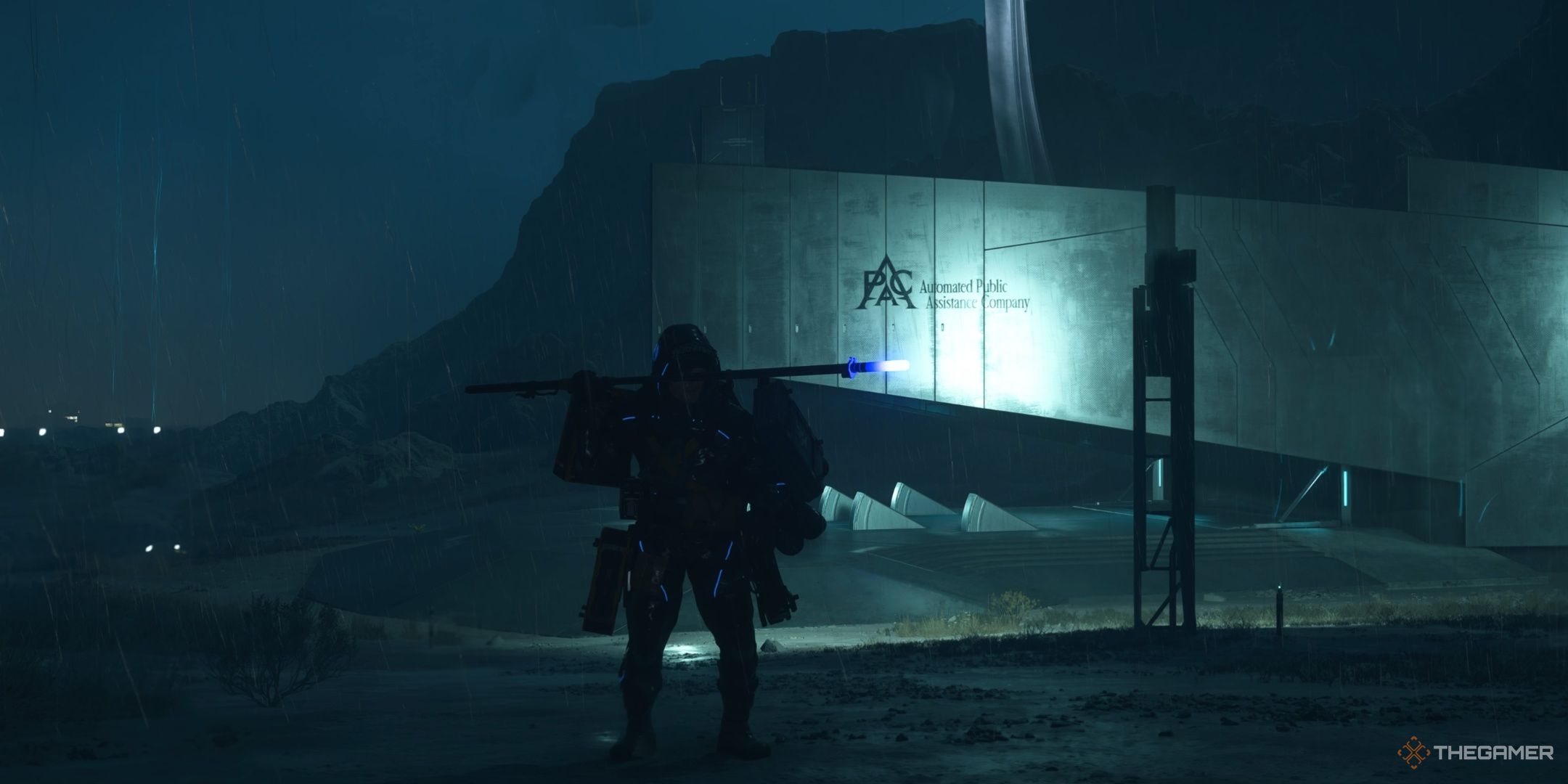 Death stranding 2 on the beach sam aiming with an electric rod at night.