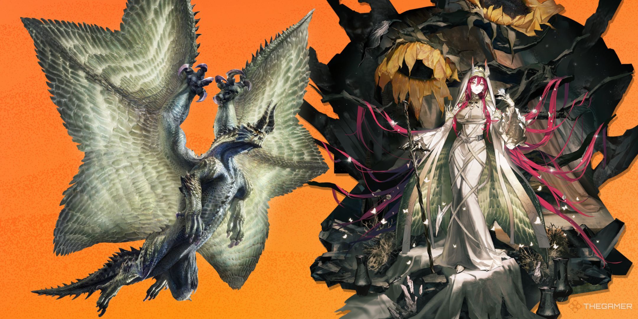 Left: A dragon monster from Monster Hunter Wilds. Right: A character in Arknights. The pattern on the dragon's wings is the same as the pattern on the inside of the character's dress