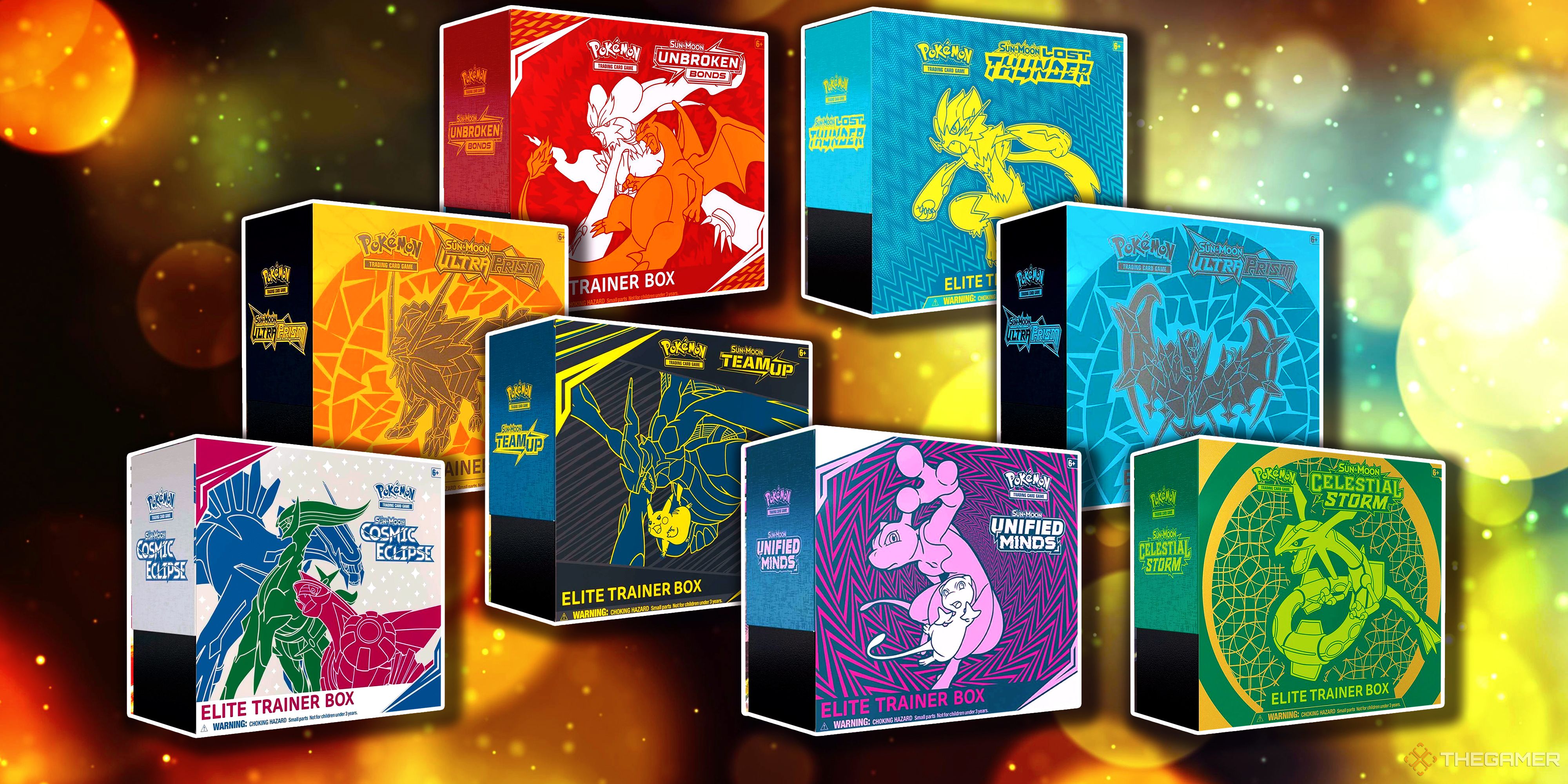 A collage of the Most Valuable Sun & Moon Era ETBs From The Pokemon TCG