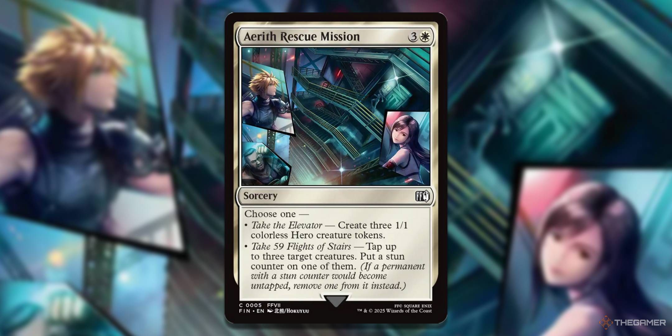 MTG Aerith Rescue Mission card with the art in the background.