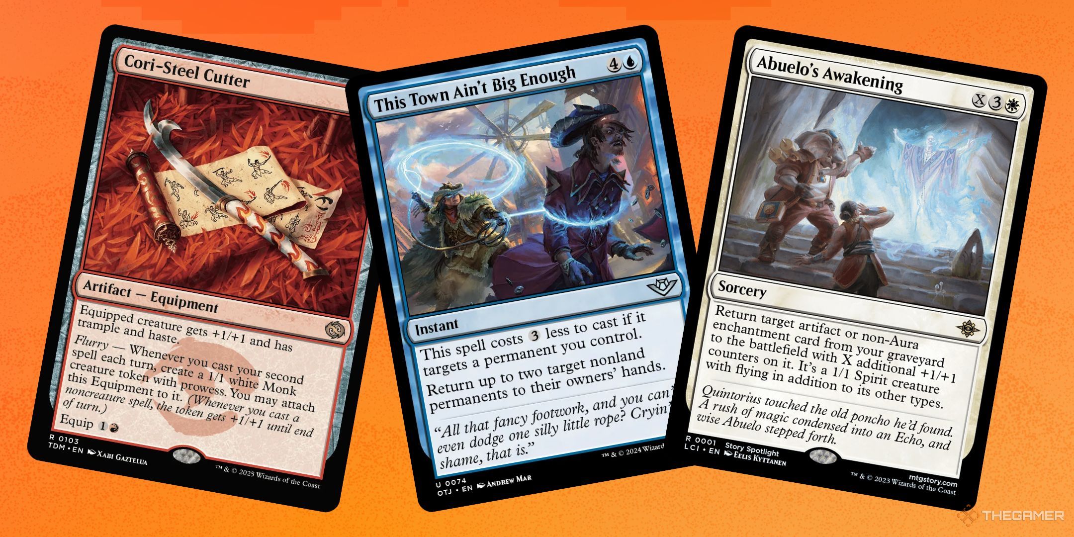 Three MTG cards on an orange background.
