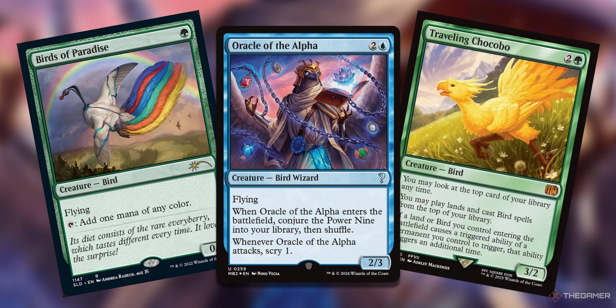 Birds of Paradise, Oracle of the alpha and traveling chocobo cards in a collage.